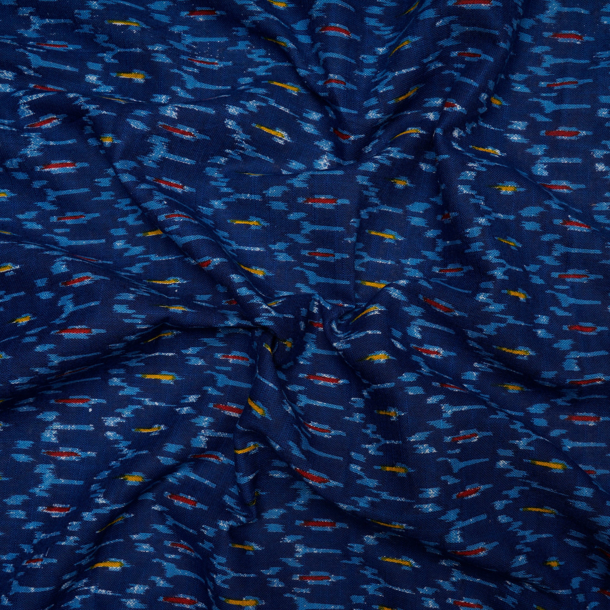 (Pre Cut 0.70 Mtr )Blue Ikat Pattern Screen Printed Slub Cotton Fabric