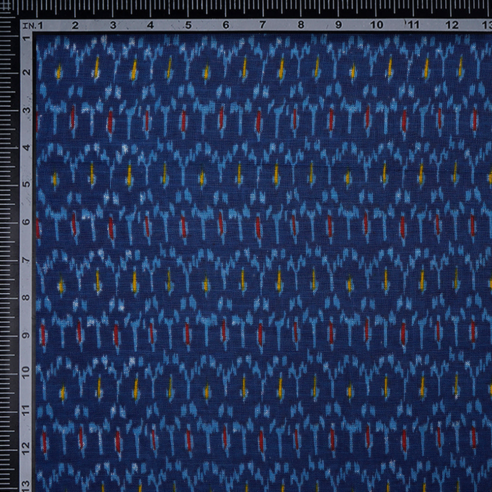 (Pre-Cut 1.60 Mtr)Blue Ikat Pattern Screen Print Cotton Slub Fabric