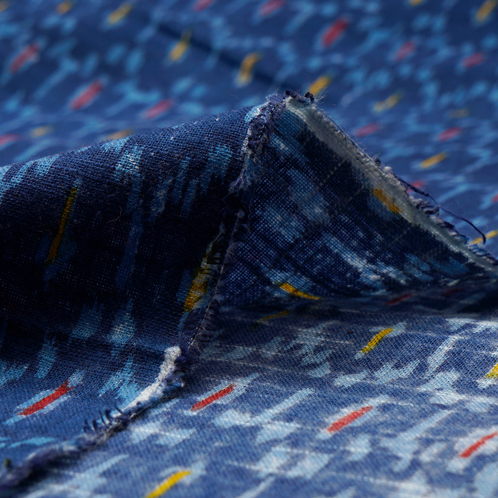(Pre-Cut 1.60 Mtr)Blue Ikat Pattern Screen Print Cotton Slub Fabric