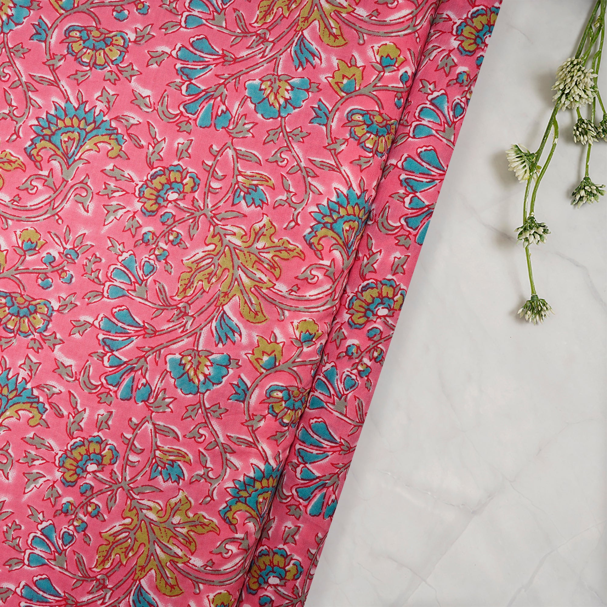 (Pre Cut 0.80 Mtr )Pink Floral Jaal Screen Printed Pure Cotton Fabric