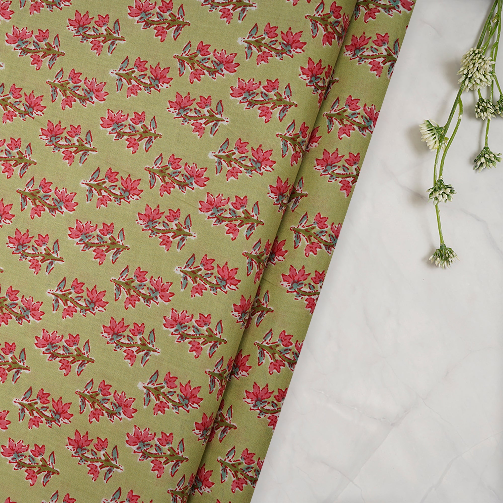 (Pre-Cut 1.00 Mtr)Green-Pink Floral Booti Screen Printed Pure Cotton Fabric