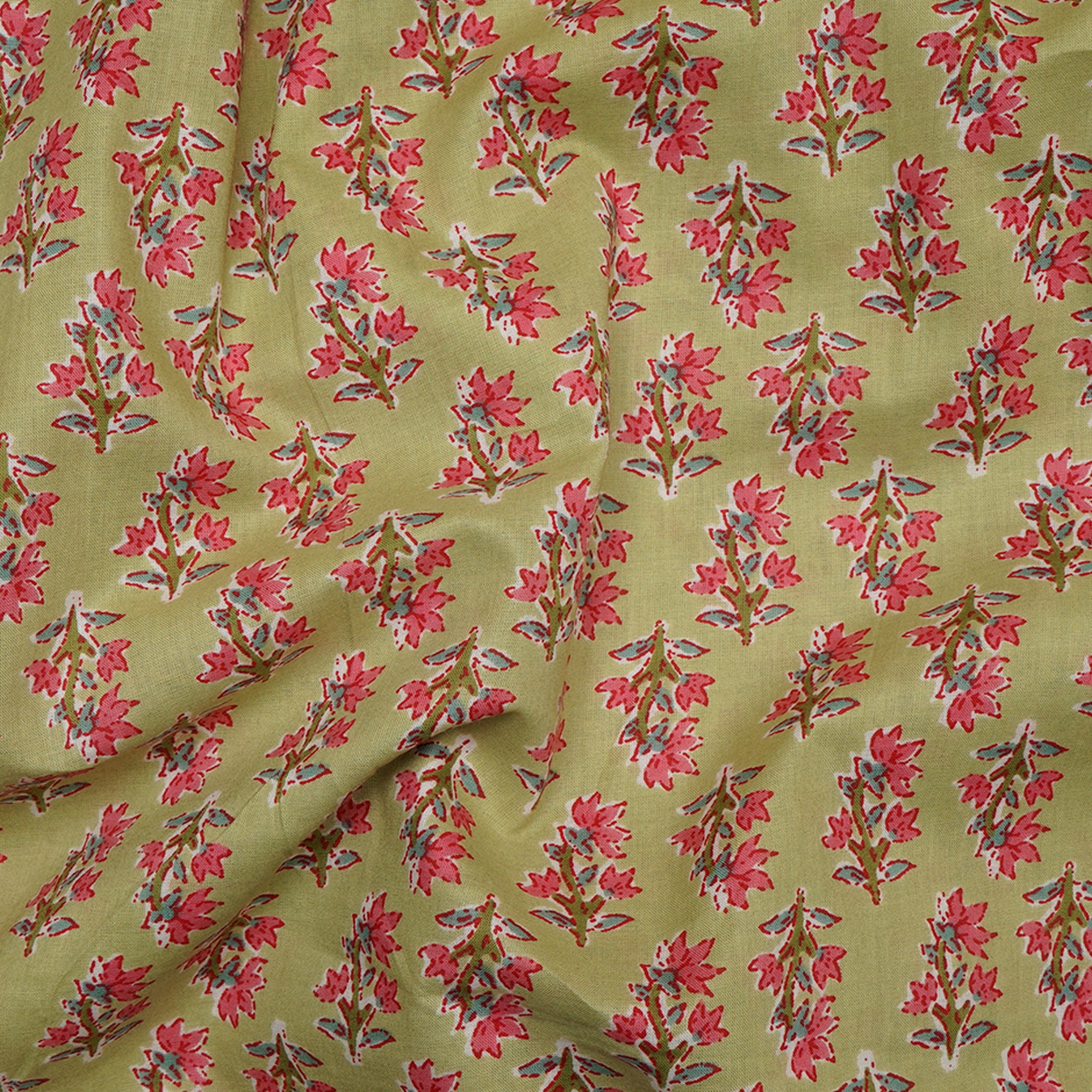 (Pre-Cut 1.00 Mtr)Green-Pink Floral Booti Screen Printed Pure Cotton Fabric