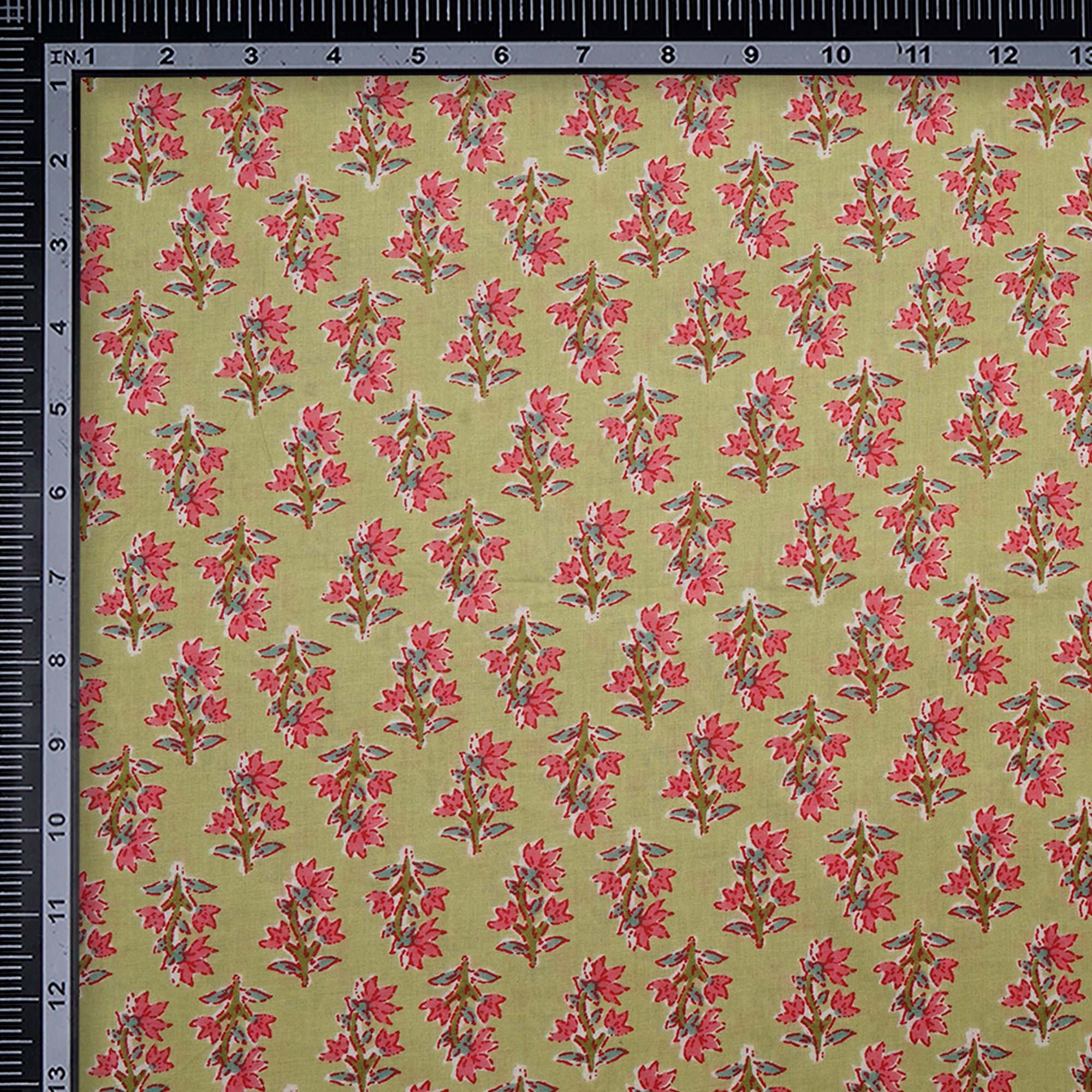 (Pre-Cut 1.00 Mtr)Green-Pink Floral Booti Screen Printed Pure Cotton Fabric