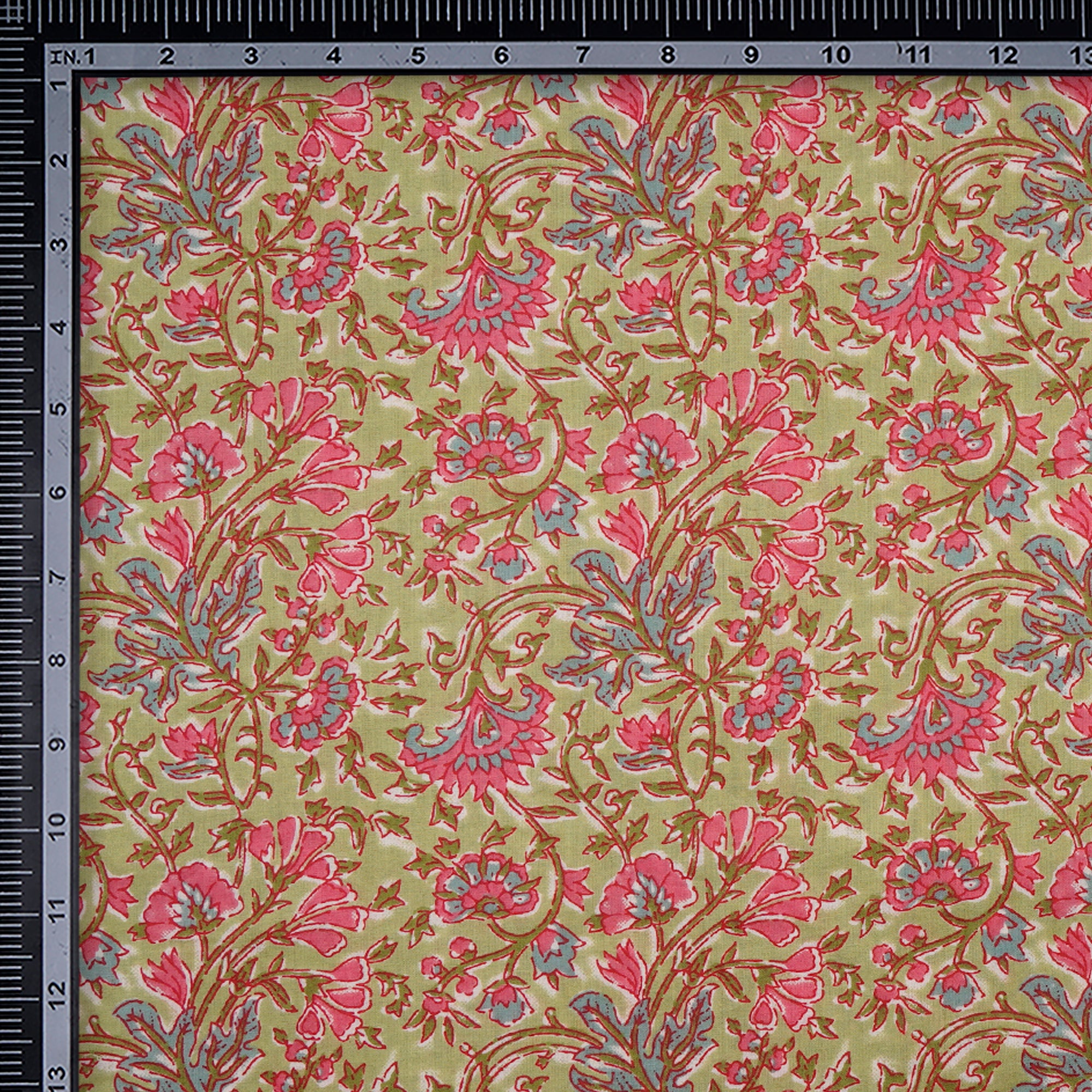 (Pre-Cut 1.35 Mtr)Green Floral Pattern Digital Printed Cotton Fabric