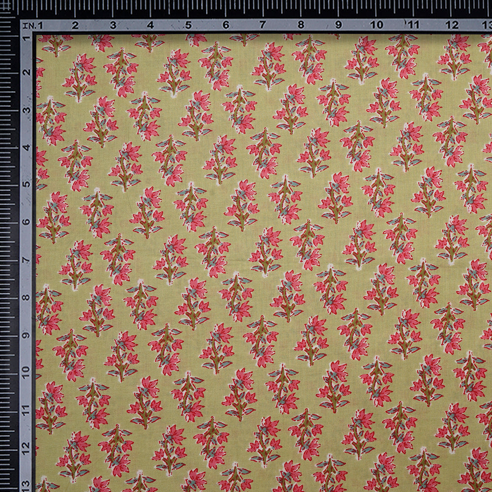 (Pre-Cut 2.00 Mtr) Lime Green Floral Booti Screen Printed Pure Cotton Fabric