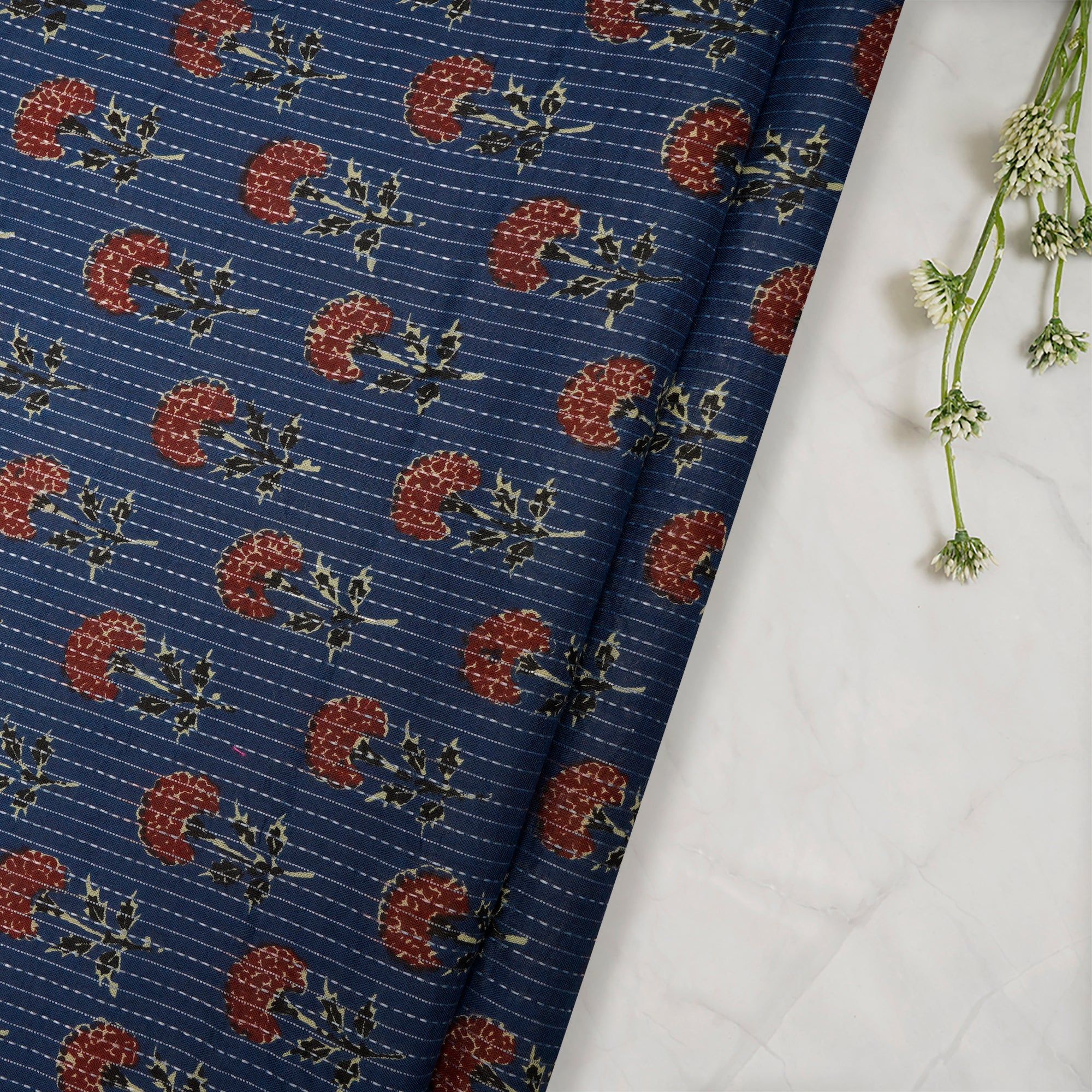 (Pre Cut 0.85 Mtr )Blue Floral Pattern Screen Printed Kantha Dobby Pure Cotton Fabric