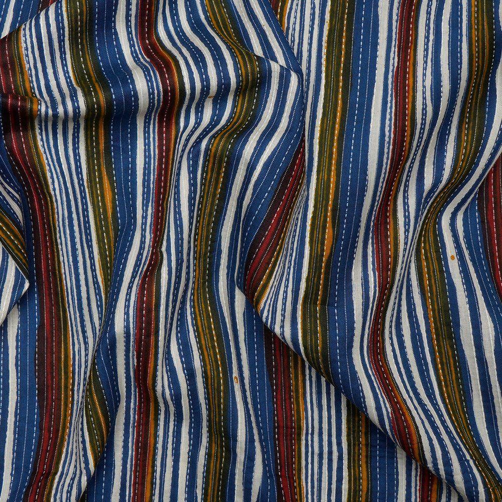 (Pre-Cut 1.30 Mtr) Multi Color Stripe Pattern Screen Printed Kantha Dobby Pure Cotton Fabric