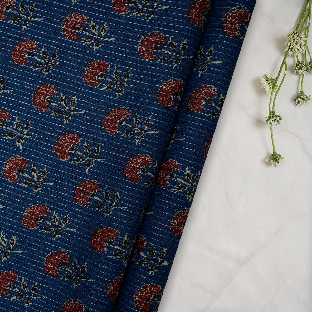 (Pre-Cut 1.75 Mtr)Blue Floral Pattern Screen Printed Kantha Dobby Pure Cotton Fabric