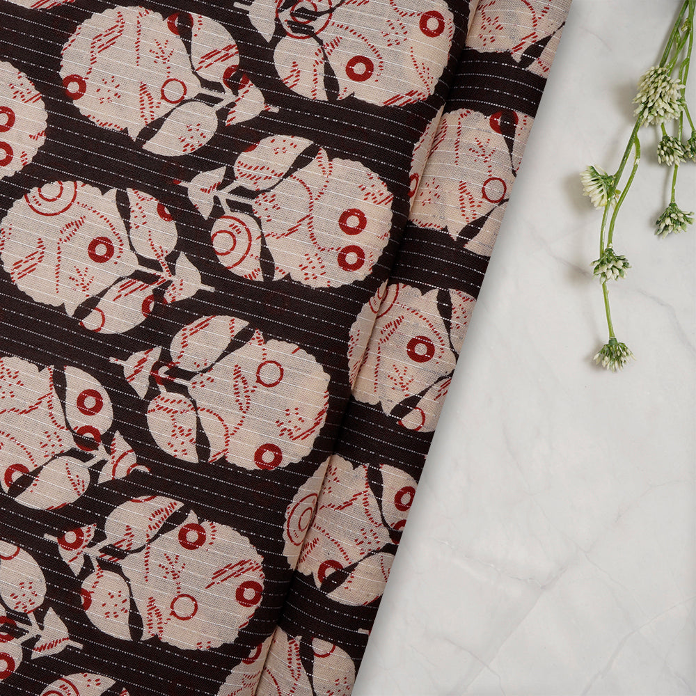 (Pre-Cut 2.50 Mtr)Brown-Cream Pattern Screen Printed Hand Block Kantha Cotton Fabric