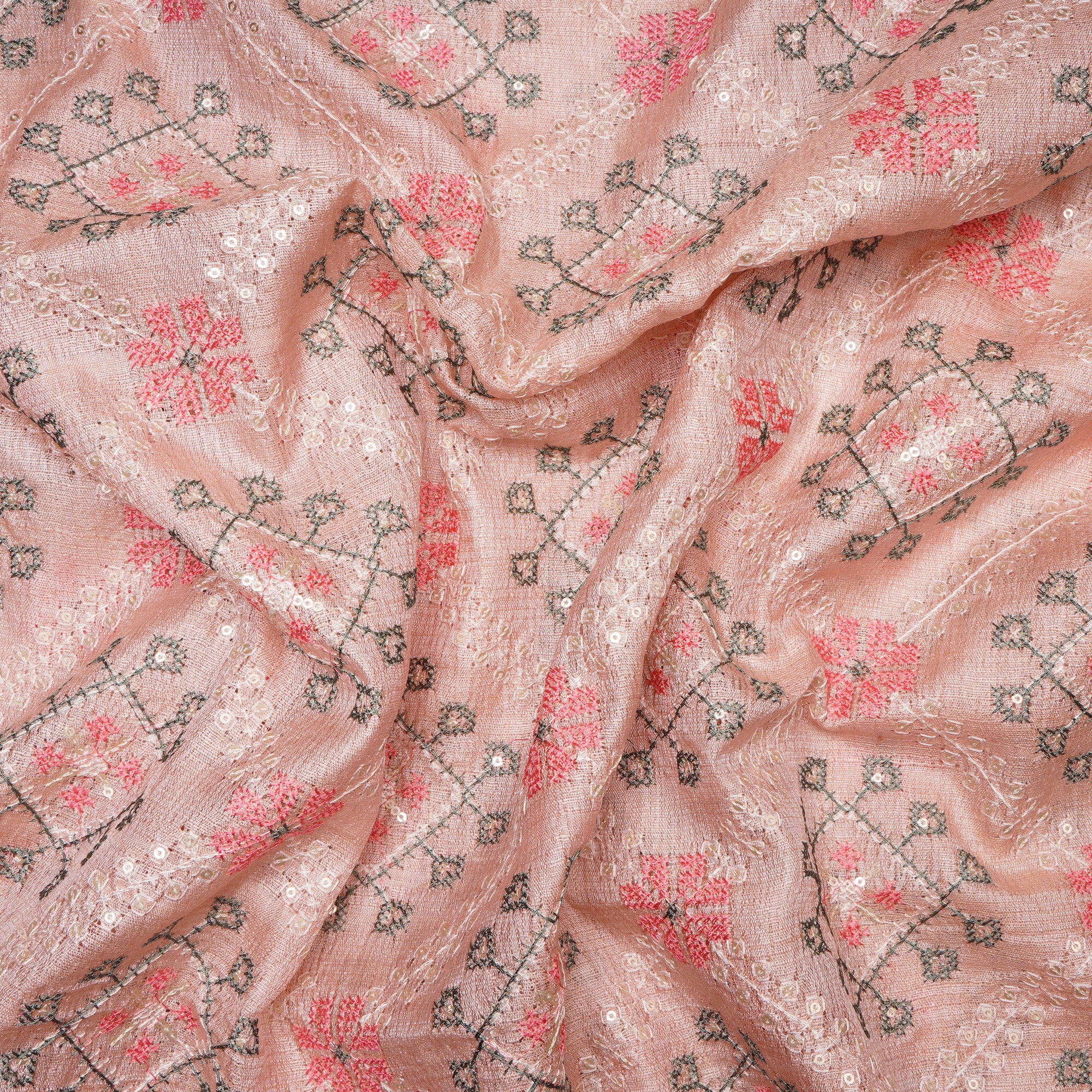 (Pre-Cut 1.00 Mtr)Blush Pink All Over Pattern Thread &Sequins Embroidered Pure Tussar Fabric