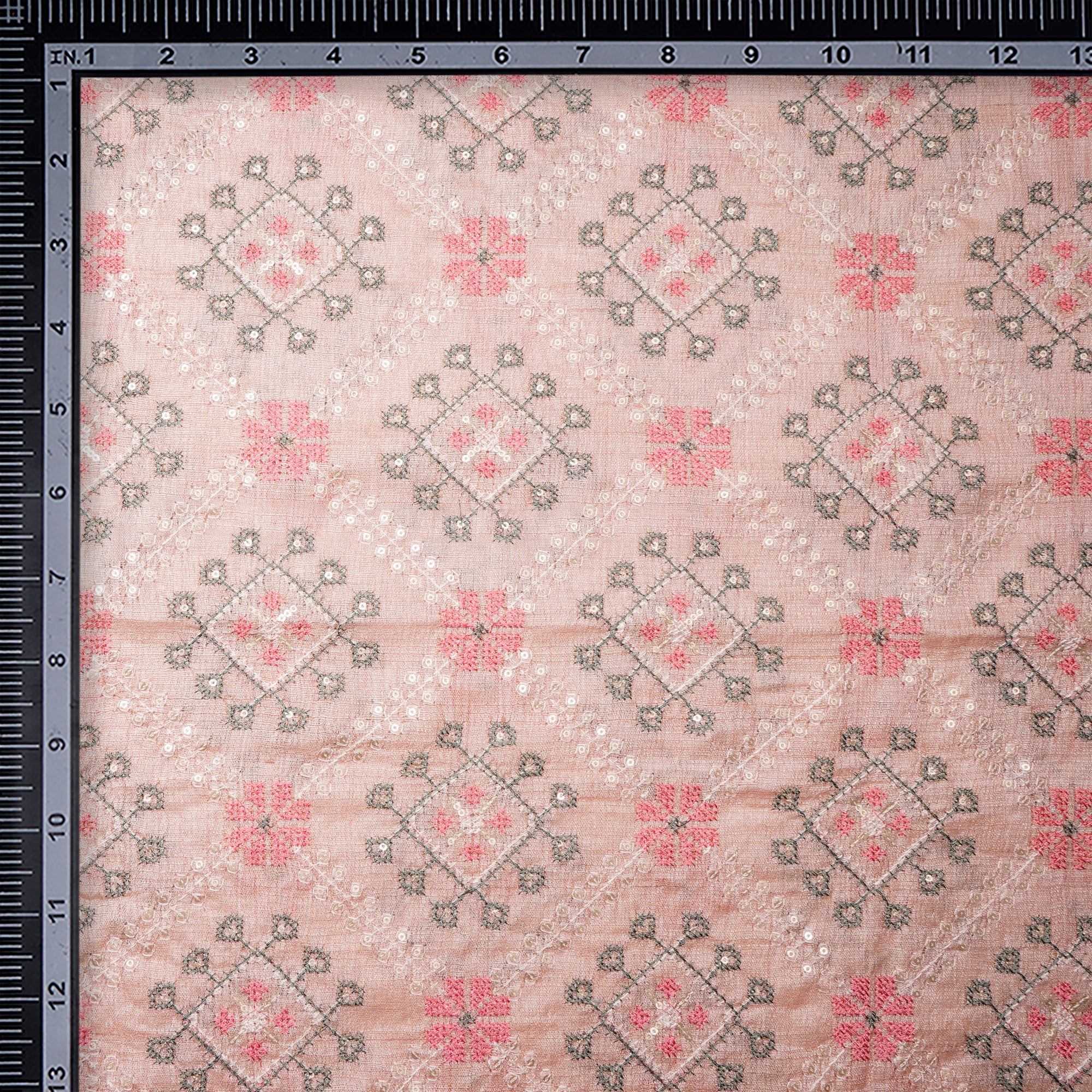 (Pre-Cut 1.00 Mtr)Blush Pink All Over Pattern Thread &Sequins Embroidered Pure Tussar Fabric