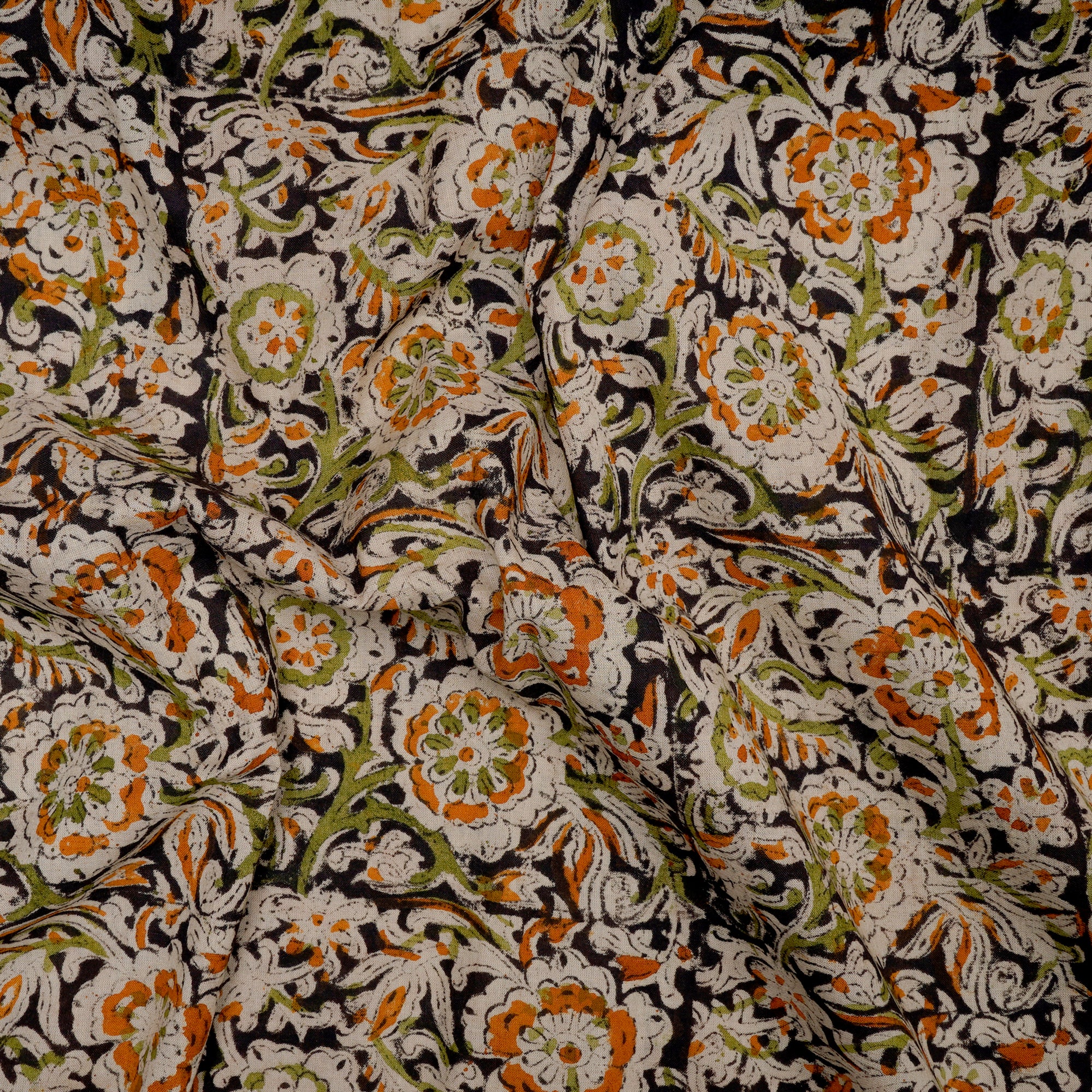 (Pre-Cut 3.00 Mtr)Multi Color Traditional Pattern Hand Block Kalamkari Printed Cotton Fabric