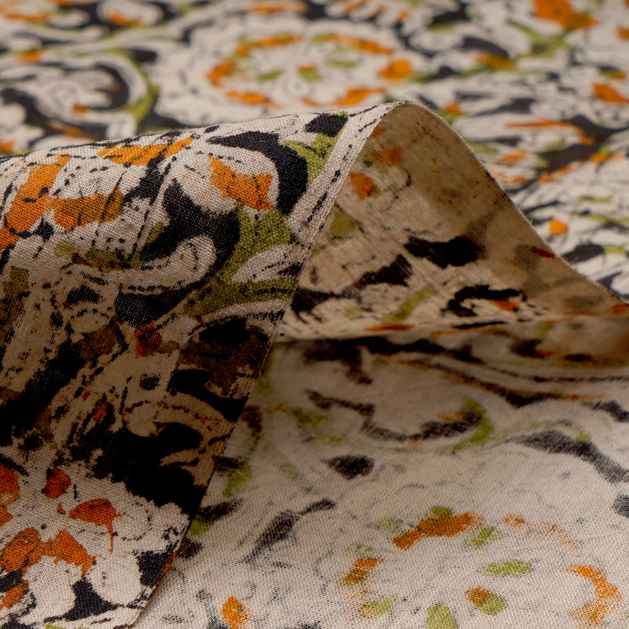 (Pre-Cut 3.00 Mtr)Multi Color Traditional Pattern Hand Block Kalamkari Printed Cotton Fabric