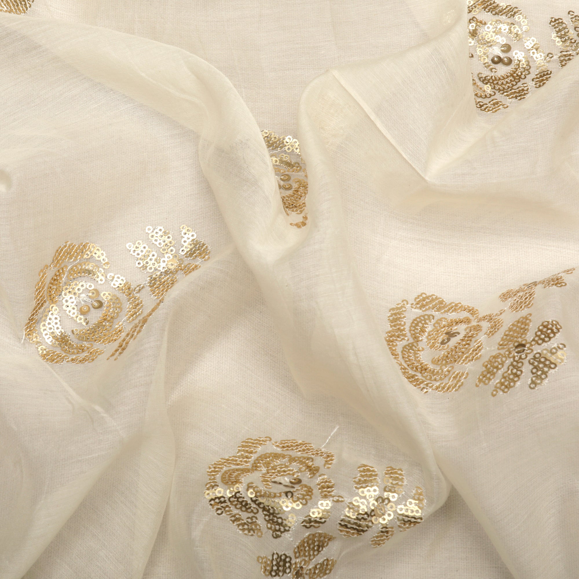 (Pre-Cut 2.00 Mtr)Off White Embroidered Pure Fine Chanderi Fabric