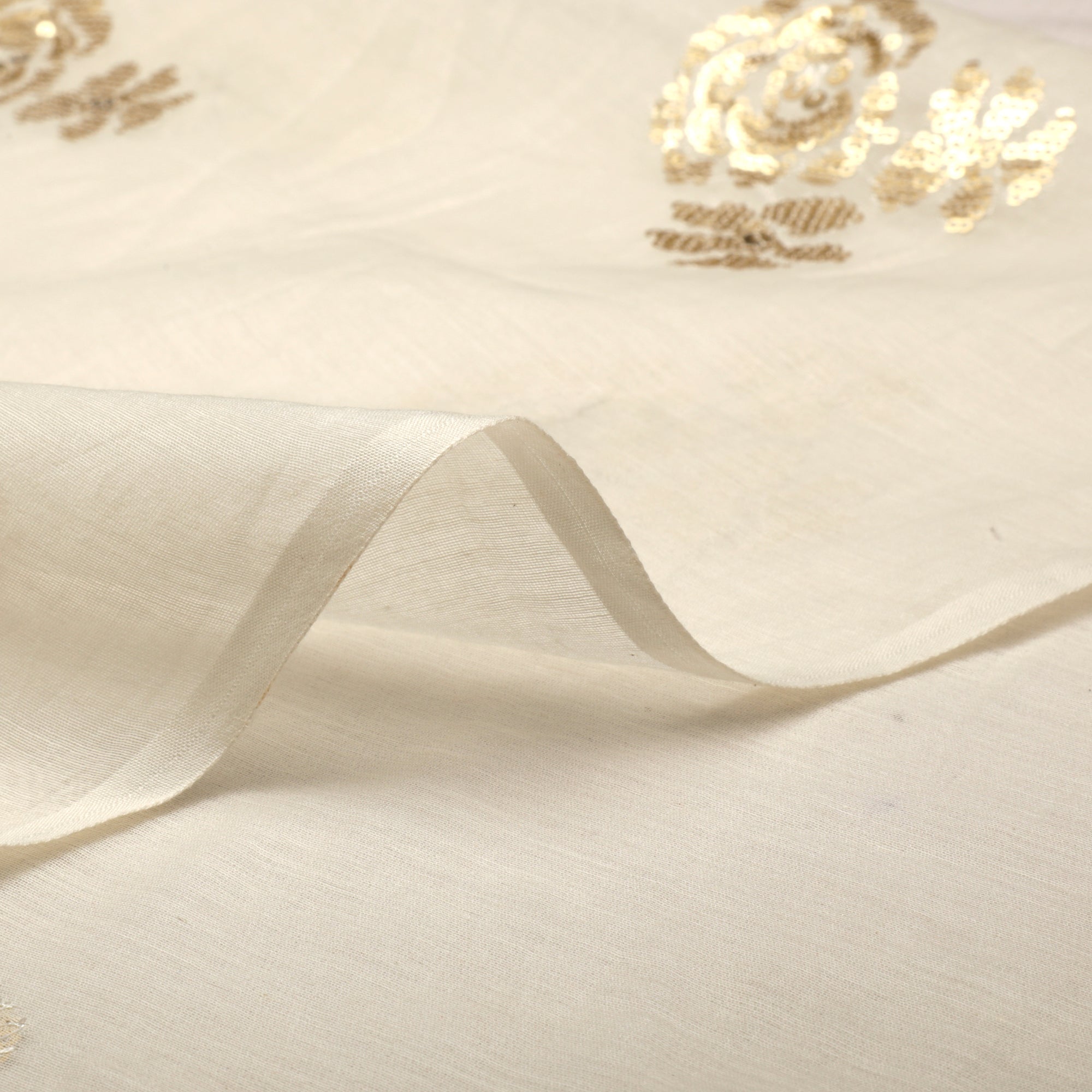 (Pre-Cut 2.00 Mtr)Off White Embroidered Pure Fine Chanderi Fabric