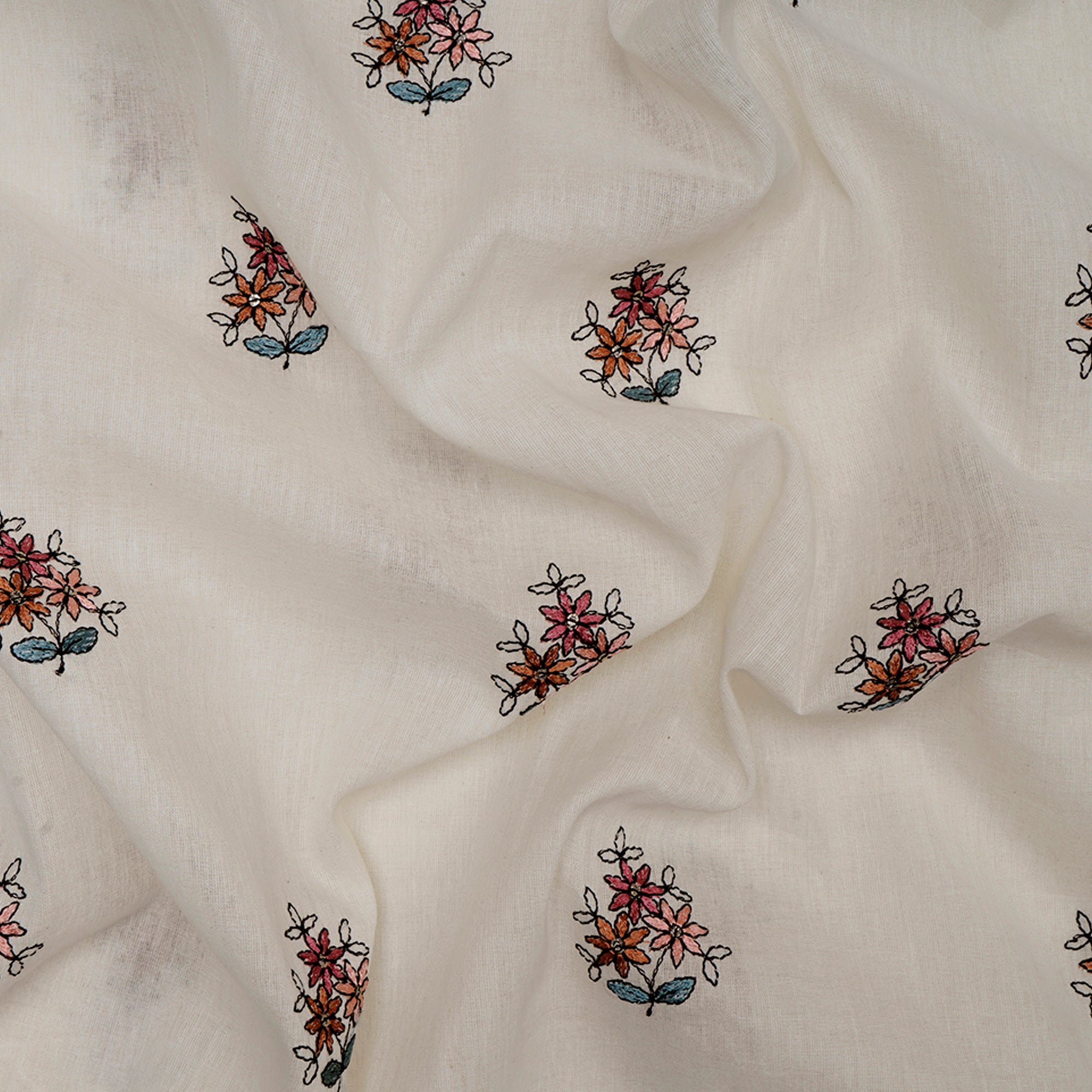 (Pre-Cut 1.00 Mtr) Off White Motif Pattern Thread Embroidered Cotton Fabric