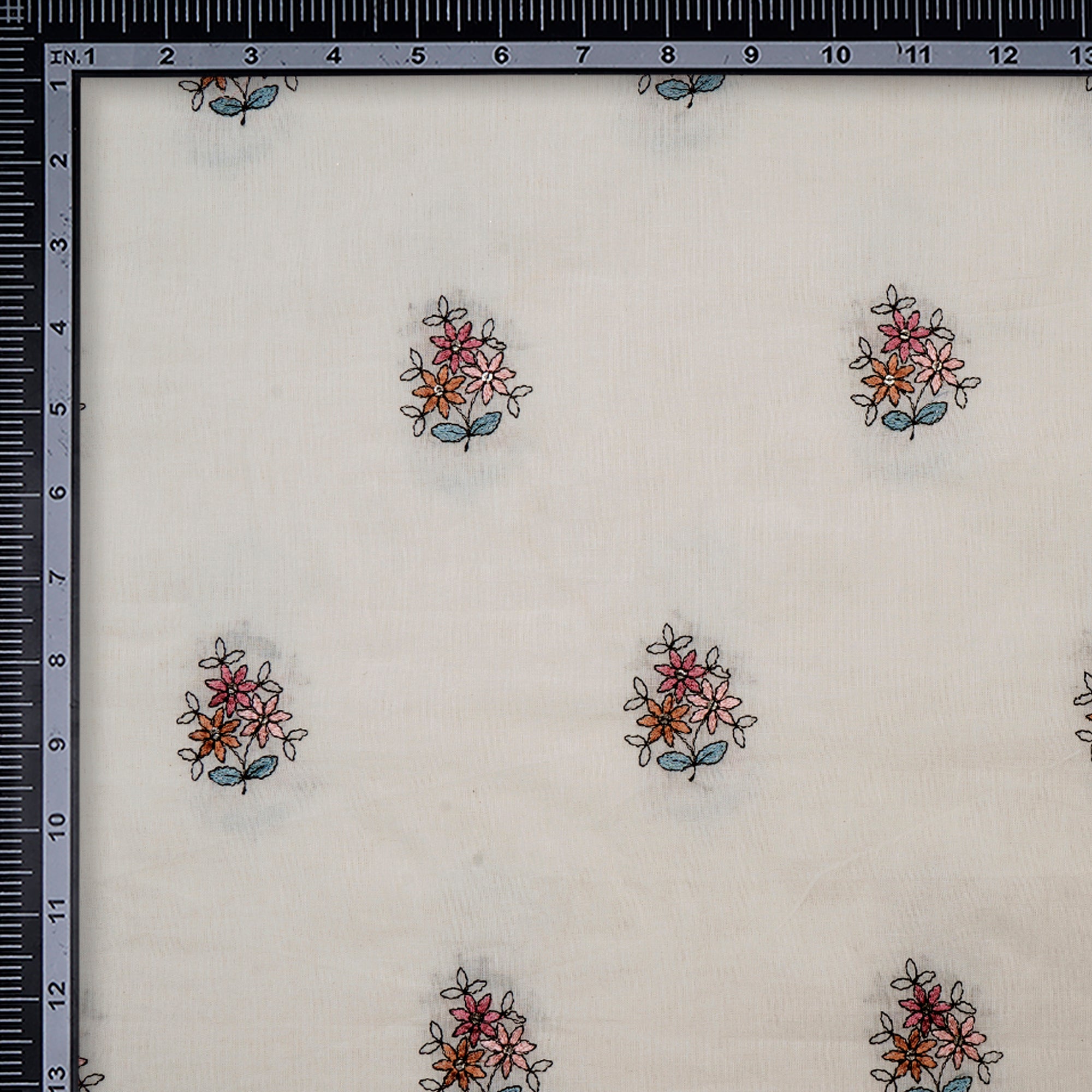 (Pre-Cut 1.00 Mtr) Off White Motif Pattern Thread Embroidered Cotton Fabric