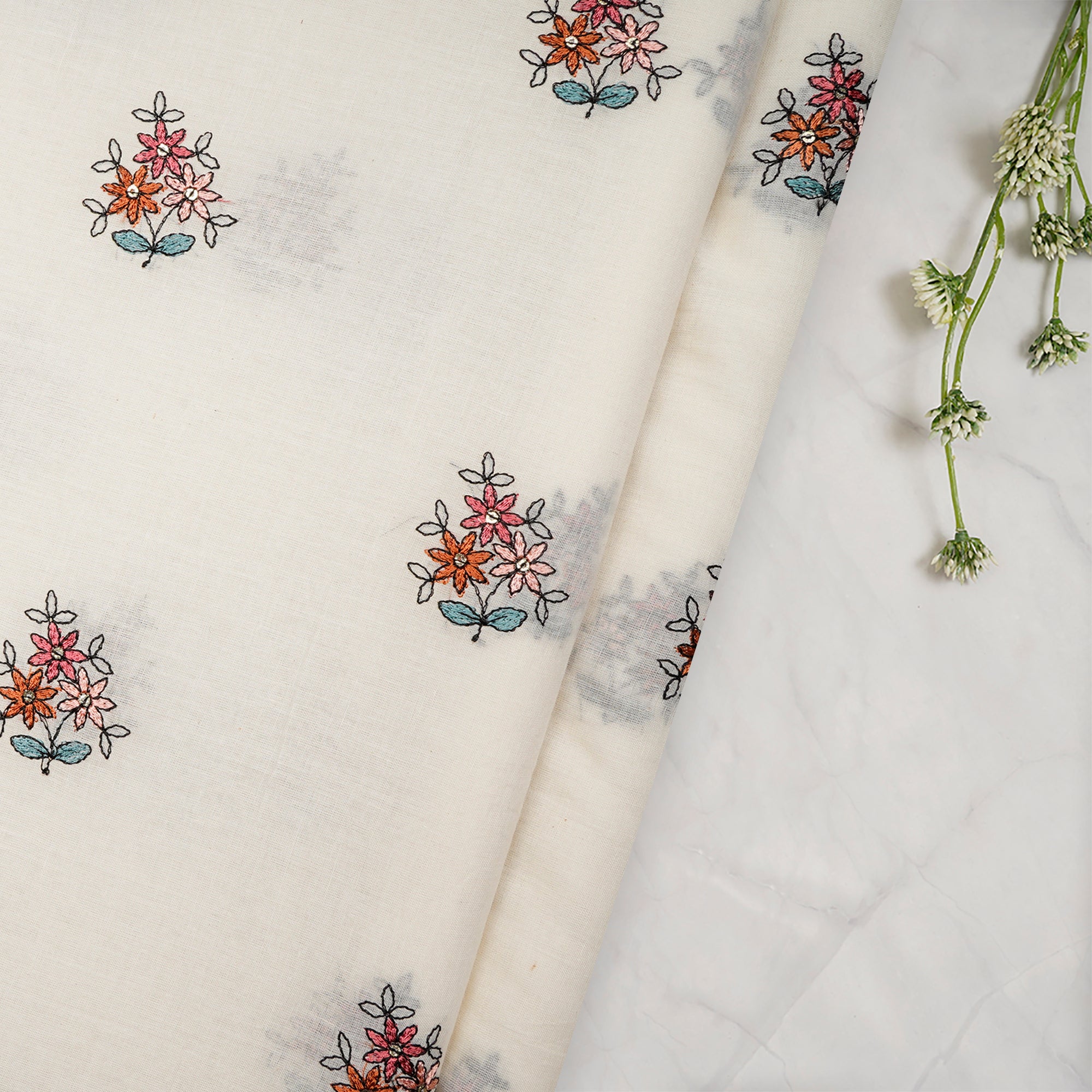(Pre-Cut 3.30 Mtr)Off-White Motif Pattern Thread Embroidered Cotton Fabric
