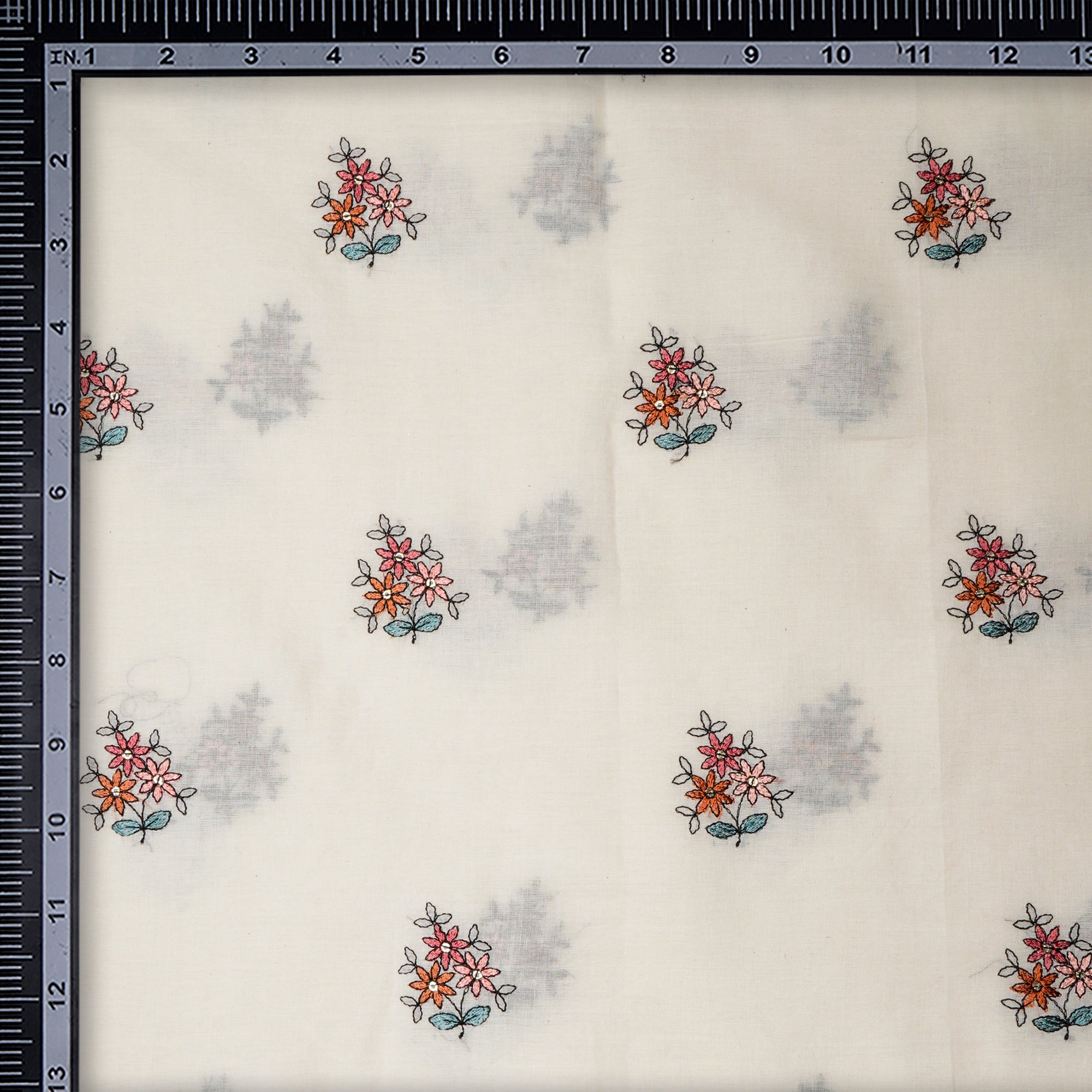 (Pre-Cut 3.30 Mtr)Off-White Motif Pattern Thread Embroidered Cotton Fabric