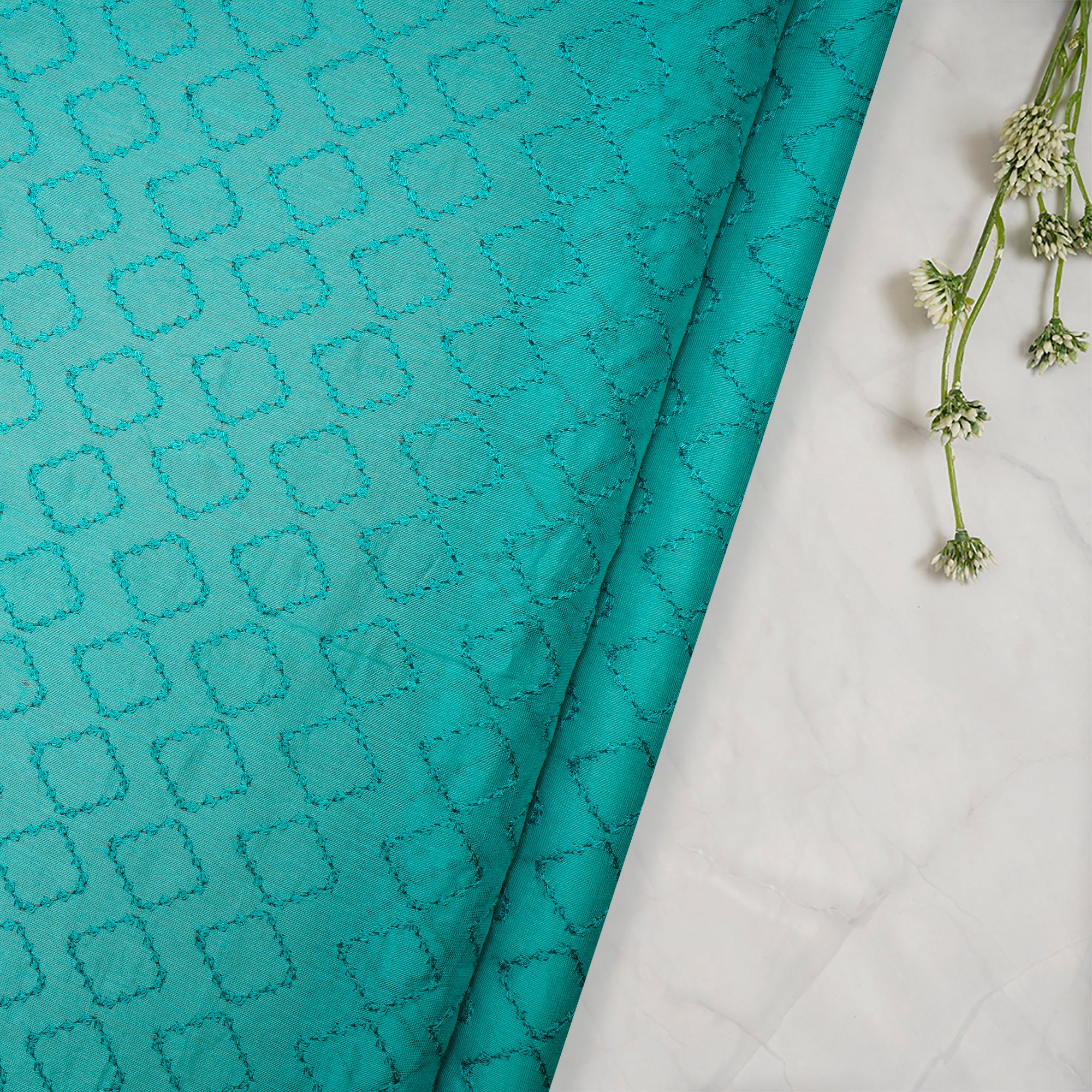 (Pre Cut 1 Mtr )Green Color Embroidered Fine Chanderi Fabric