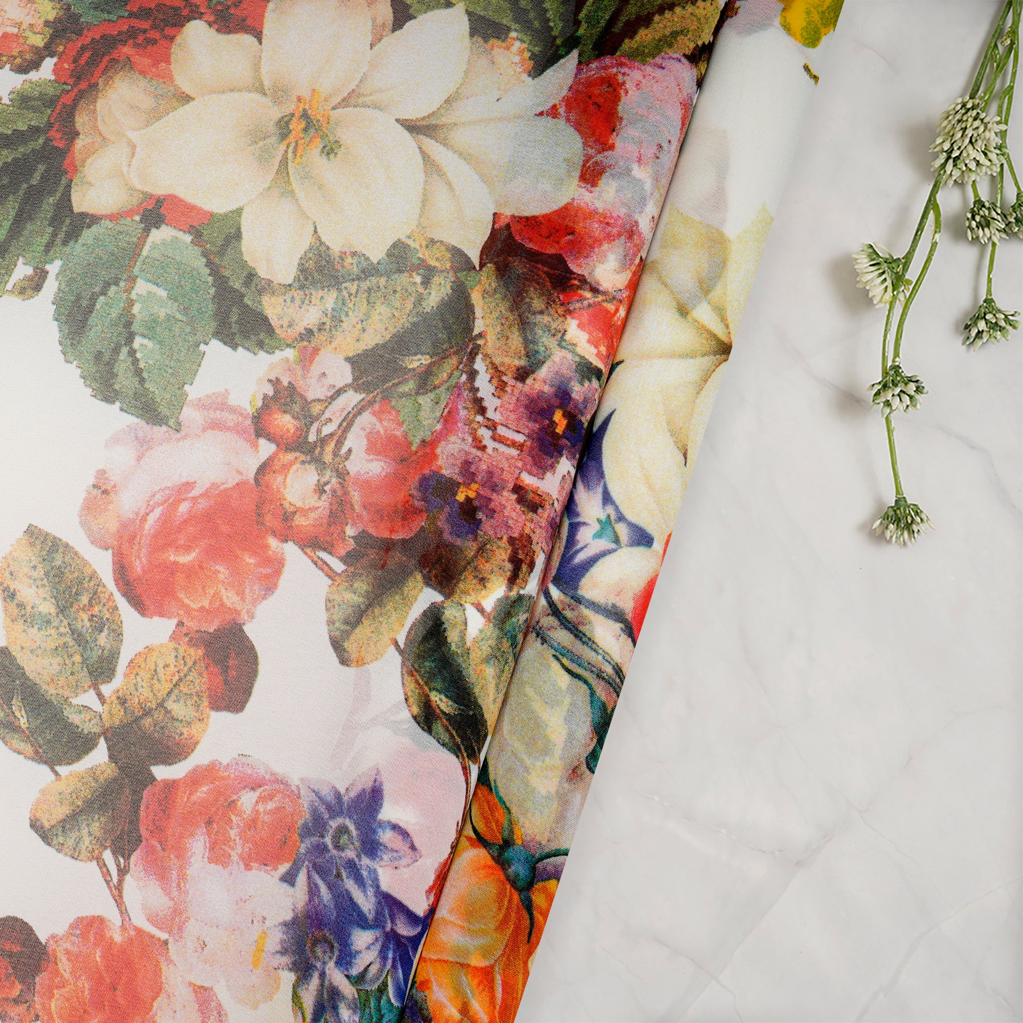 (Pre-Cut 1.00 Mtr)Multi Color Floral Pattern Digital Print Poly Georgette Fabric