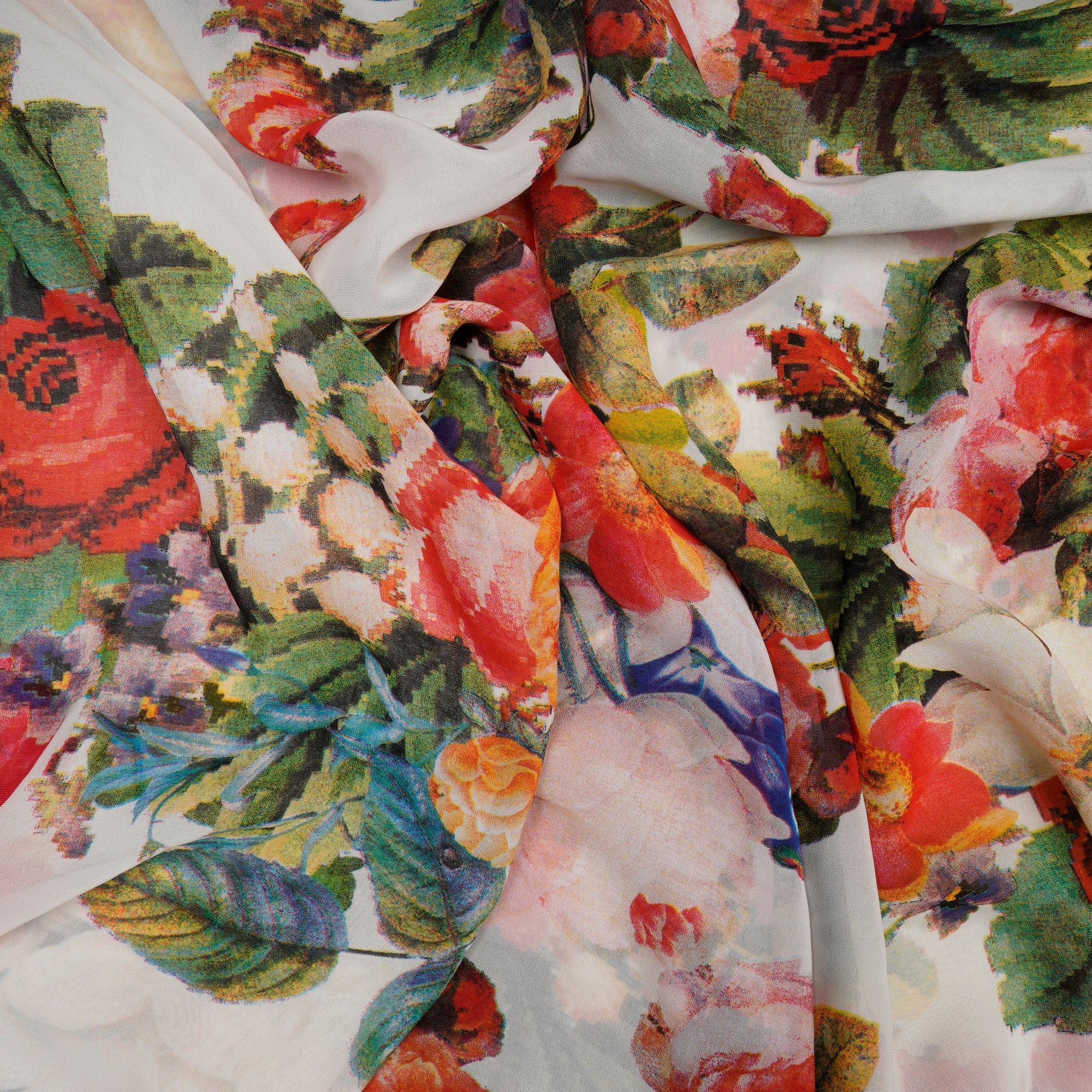(Pre-Cut 1.75 Mtr)Multi Color Floral Pattern Screen Print Poly Georgette Fabric