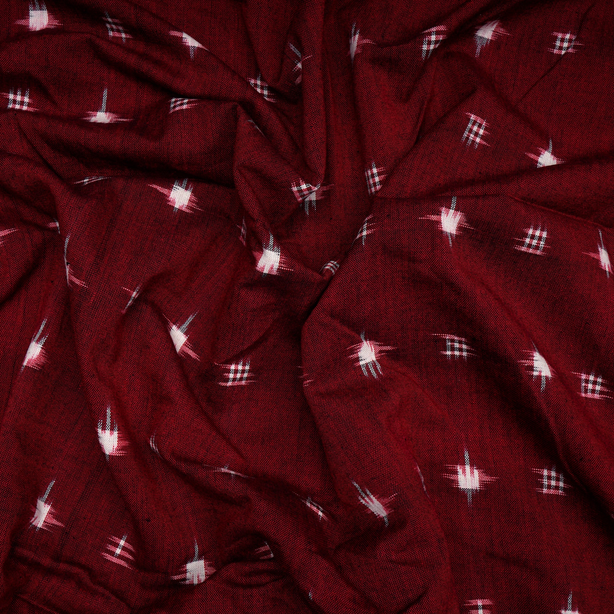 (Pre-Cut 2.00 Mtr)Red Color Washed Woven Double Ikat Cotton Fabric