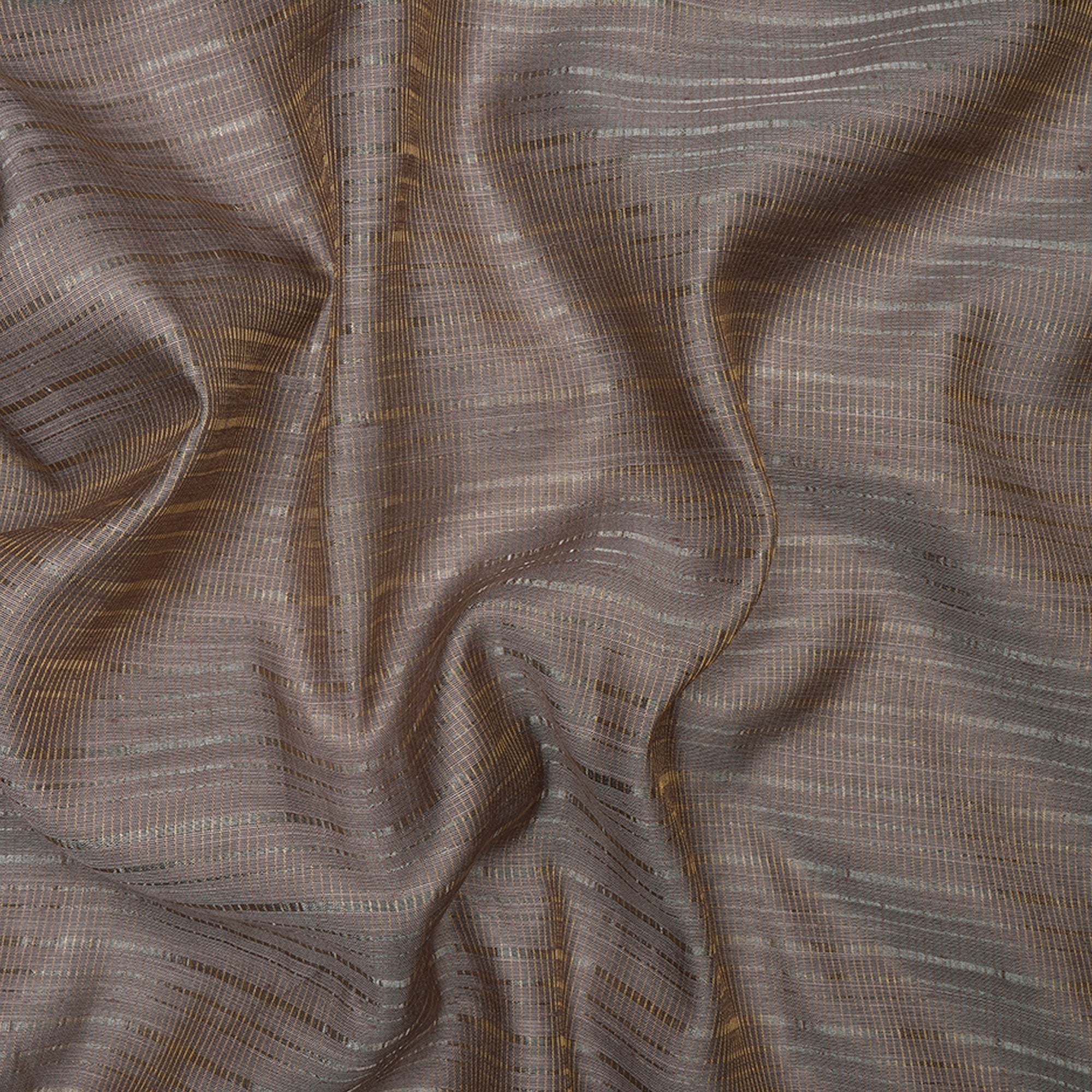 (Pre-Cut 3.40 Mtr)Reddish Grey Silver Zari Striped Fancy Viscose-Linen Tissue Fabric