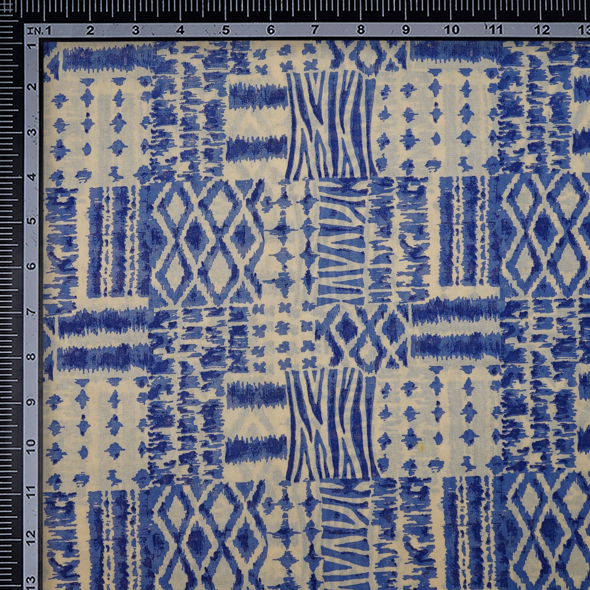 (Pre-Cut 2.25 Mtr)White-Blue Geometric Pattern Digital Print Voile Cotton Fabric