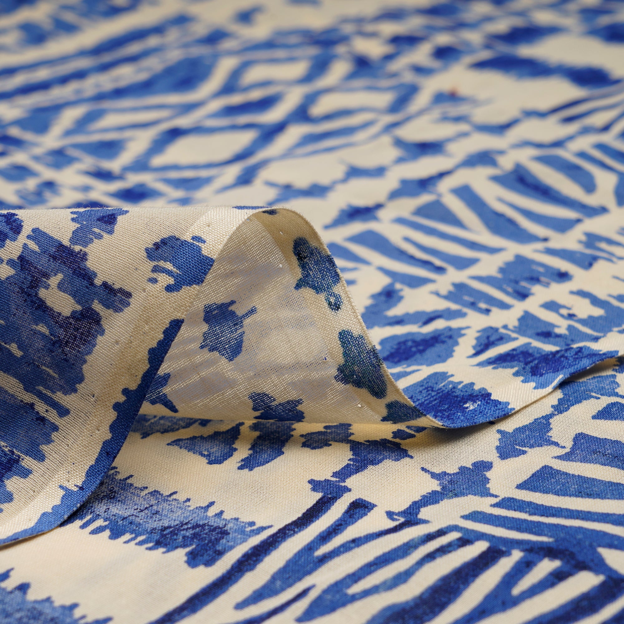 (Pre-Cut 2.25 Mtr)White-Blue Geometric Pattern Digital Print Voile Cotton Fabric
