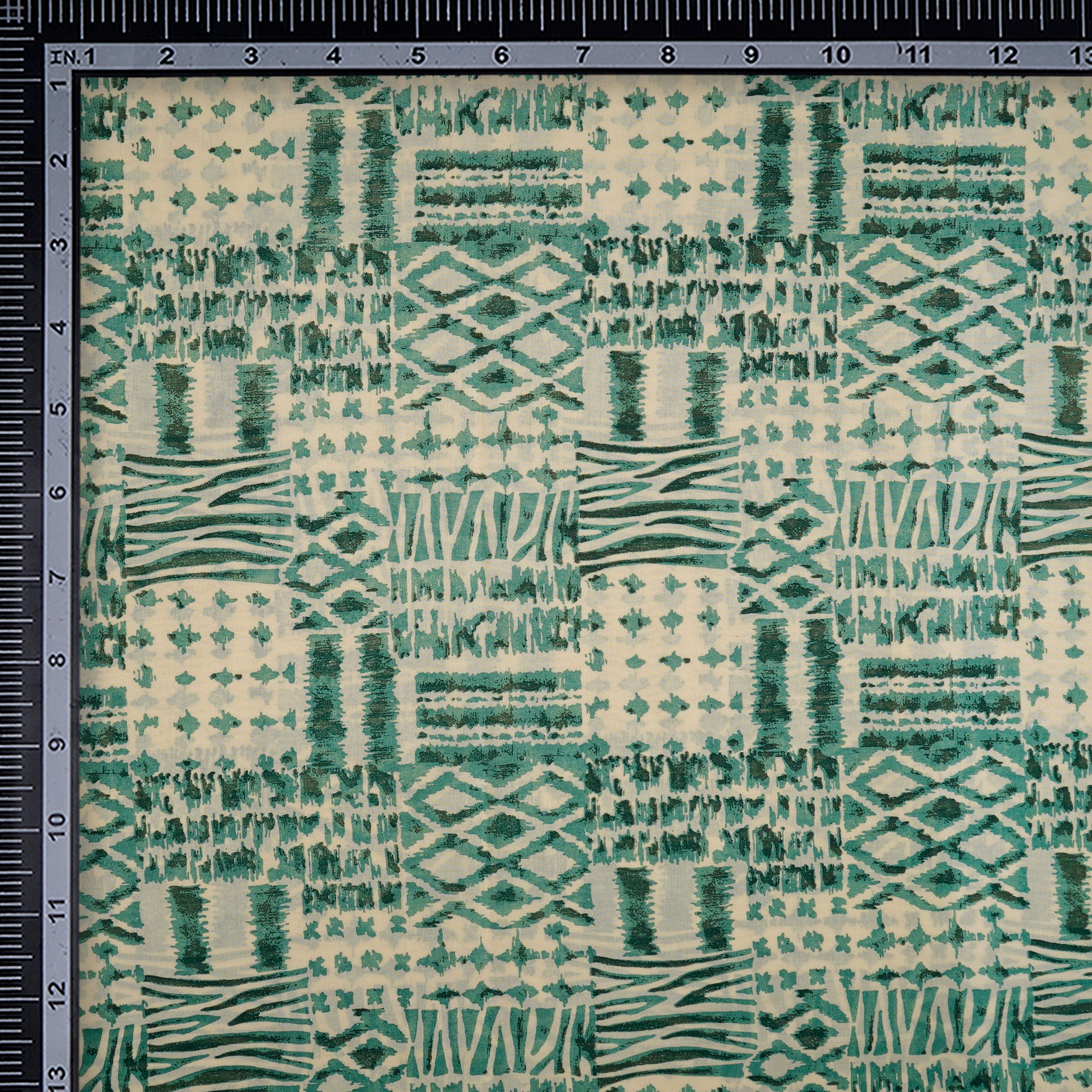 (Pre-Cut 4.65 Mtr) Off-White Green Abtract Pattern Screen Printed Cotton Fabric