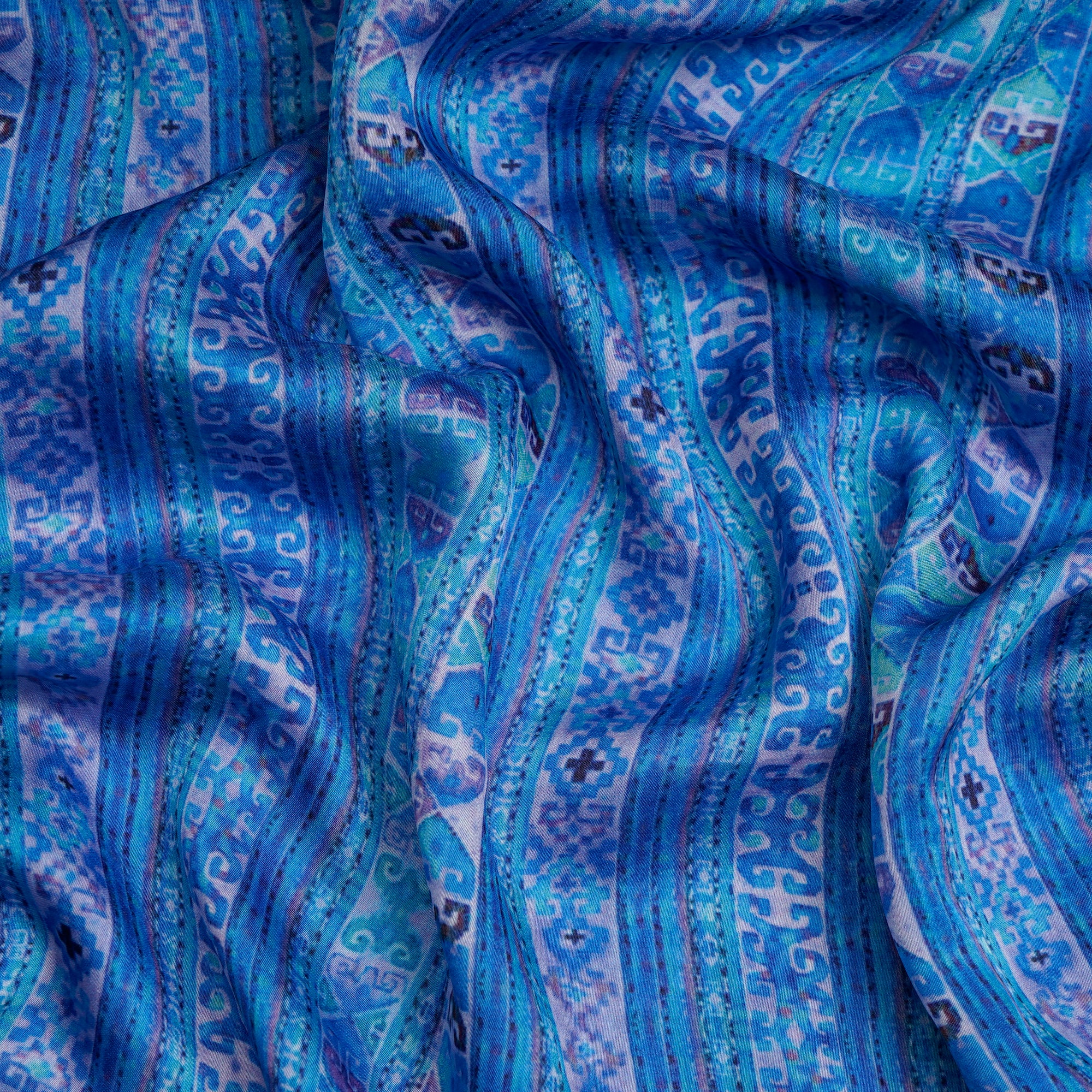 (Pre-Cut 1.95 Mtr)Blue Geometric Pattern Digital Print Blended Satin Chiffon Fabric