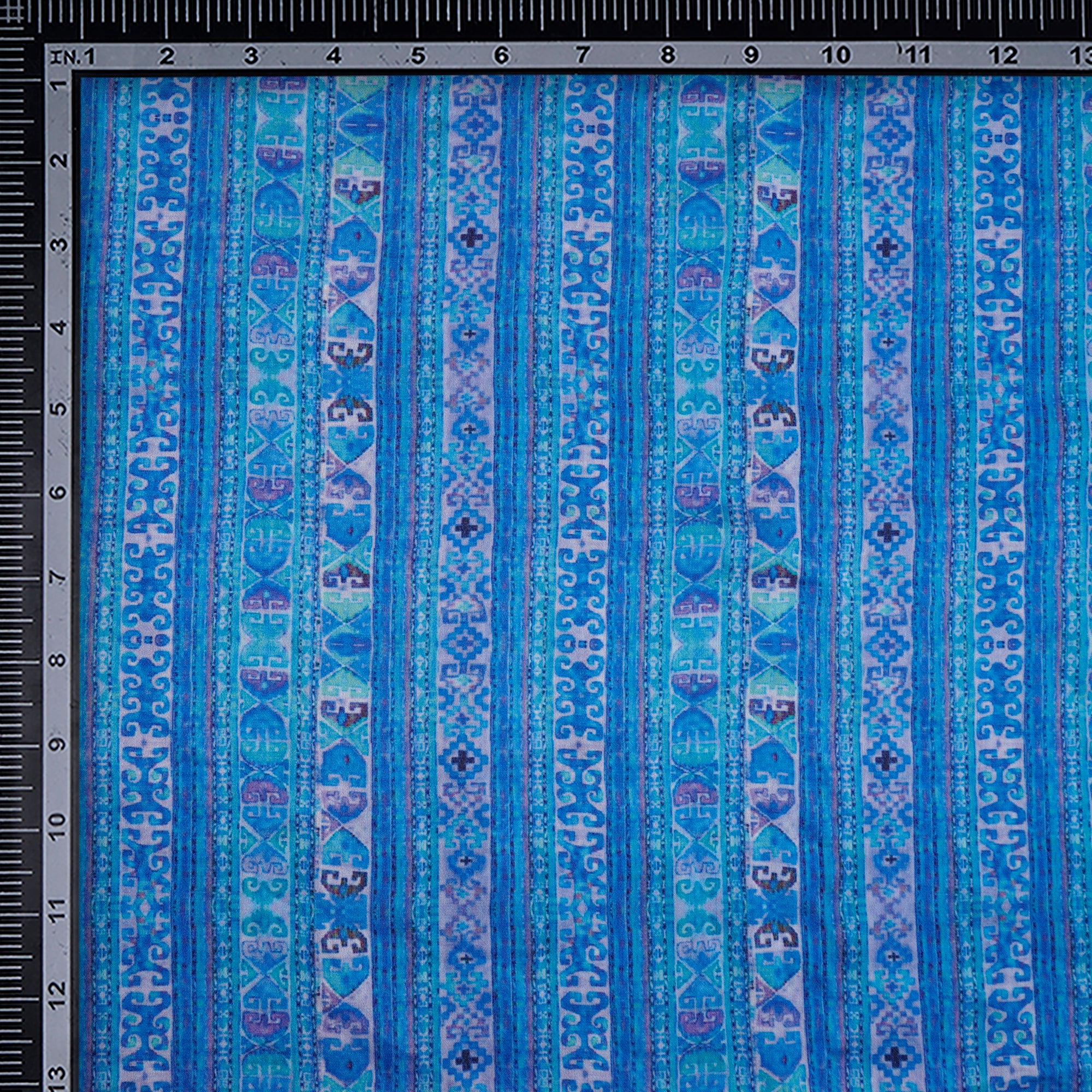 (Pre-Cut 1.95 Mtr)Blue Geometric Pattern Digital Print Blended Satin Chiffon Fabric