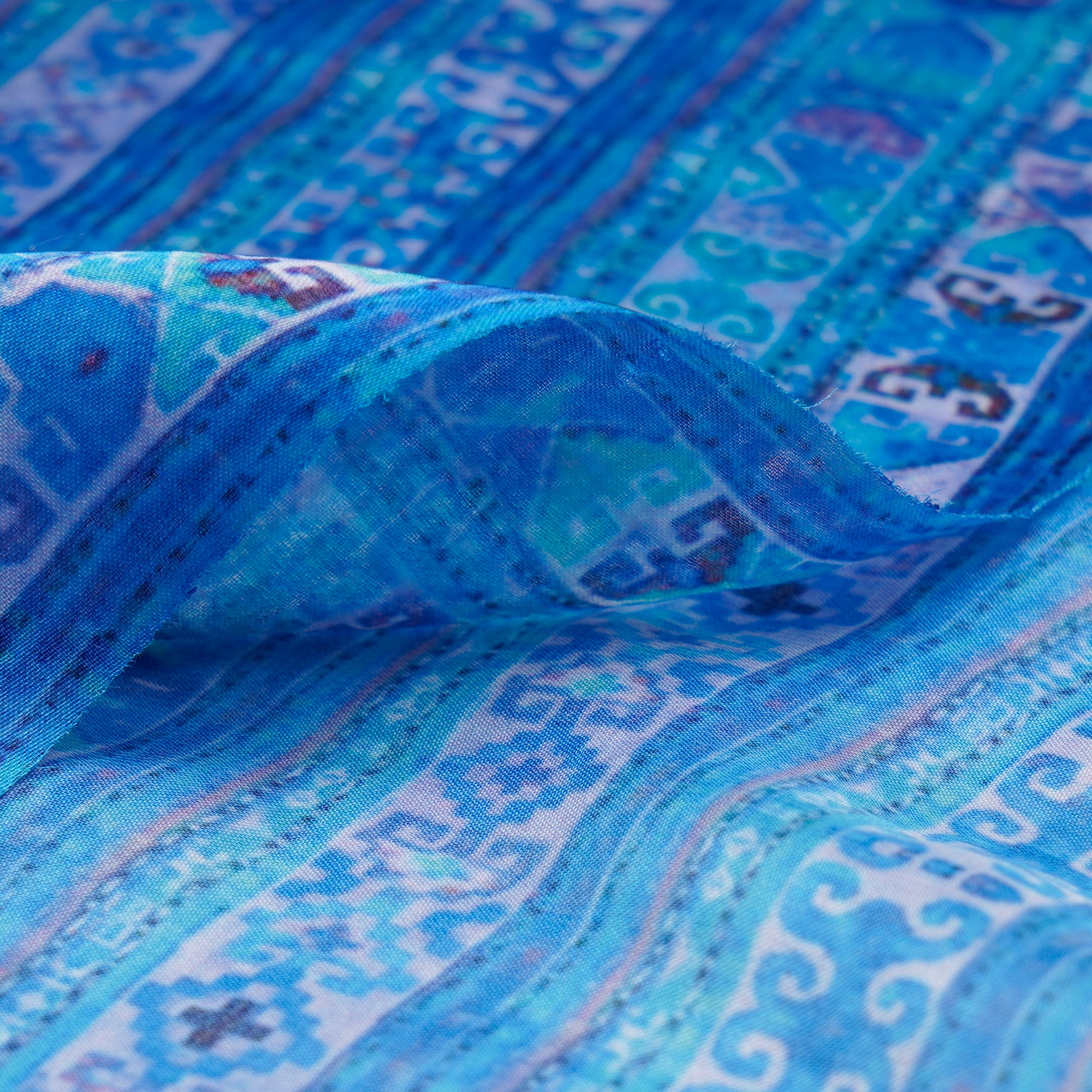 (Pre-Cut 1.95 Mtr)Blue Geometric Pattern Digital Print Blended Satin Chiffon Fabric