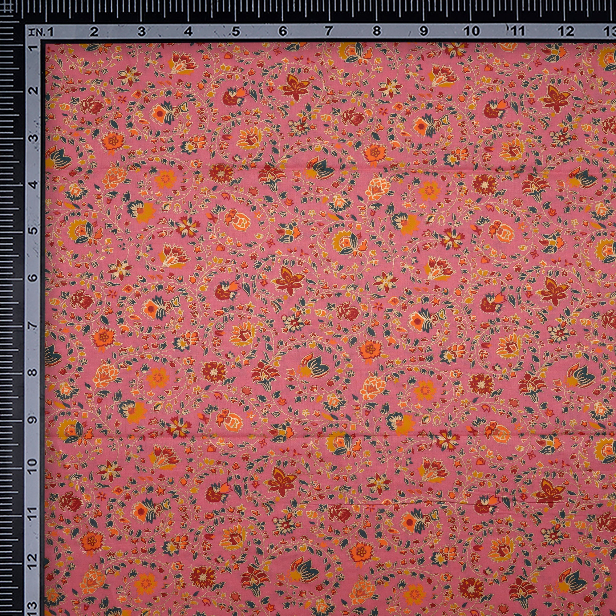 (Pre-Cut 1.80 Mtr)Pink Floral Pattern Khari Metallic Screen Printed Cotton Fabric