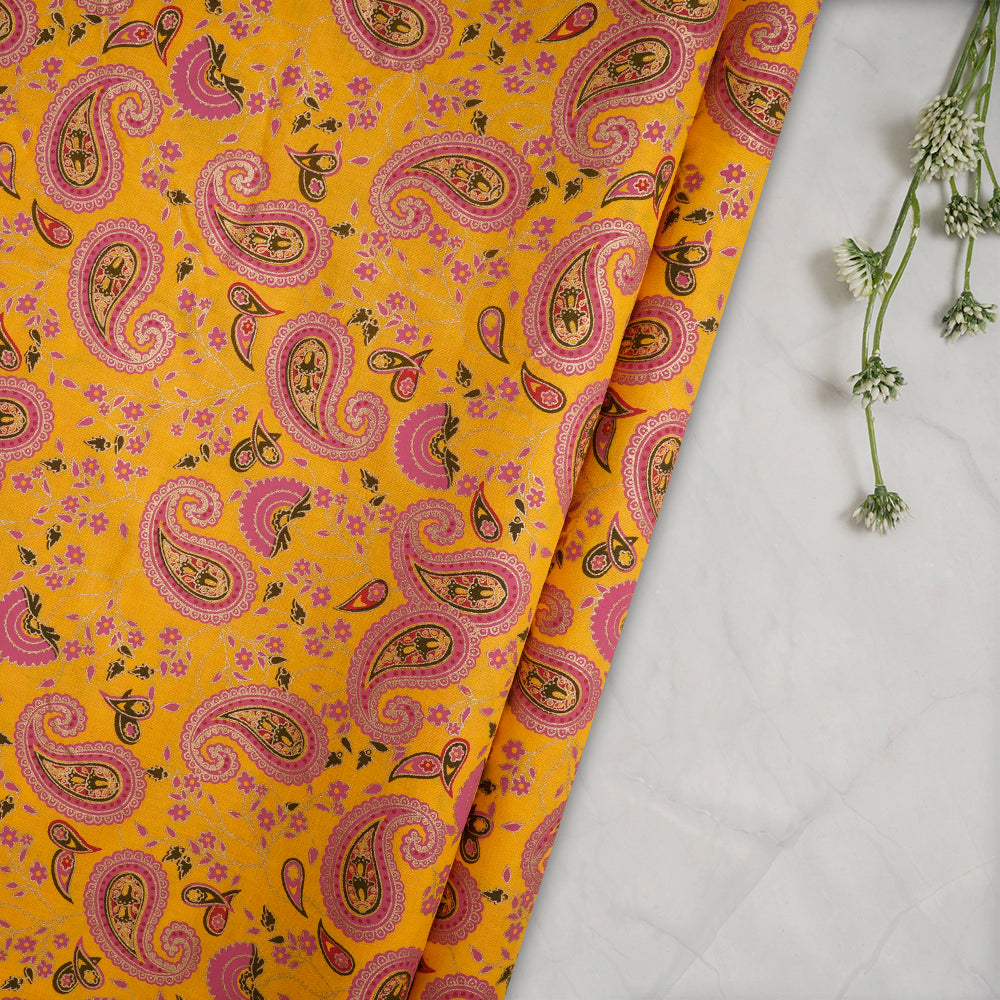 (Pre-Cut 2.95 Mtr)Yellow-pink Floral Pattern Screen Printed Cambric Fabric