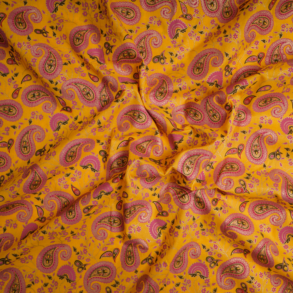 (Pre-Cut 2.95 Mtr)Yellow-pink Floral Pattern Screen Printed Cambric Fabric