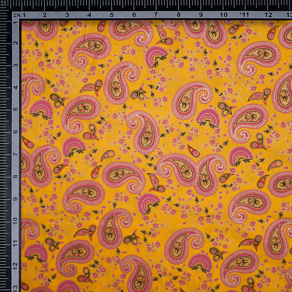 (Pre-Cut 2.95 Mtr)Yellow-pink Floral Pattern Screen Printed Cambric Fabric