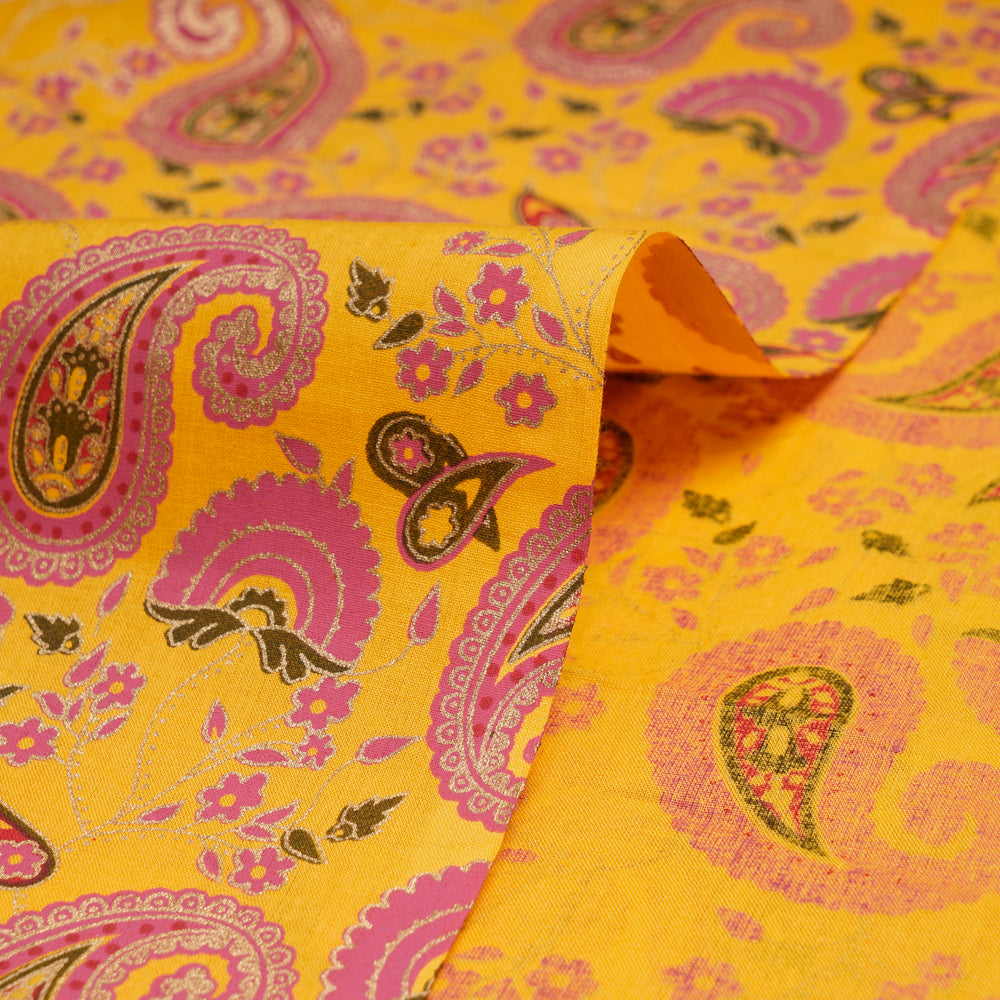 (Pre-Cut 2.95 Mtr)Yellow-pink Floral Pattern Screen Printed Cambric Fabric