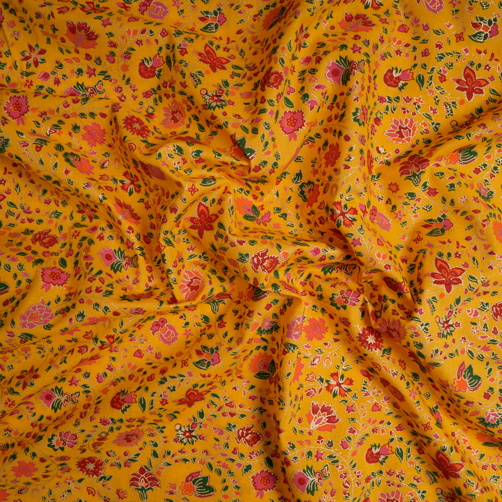 (Pre-Cut 3.00 Mtr)Honey Yellow Color Khari (Metallic) Screen Print Cotton Fabric