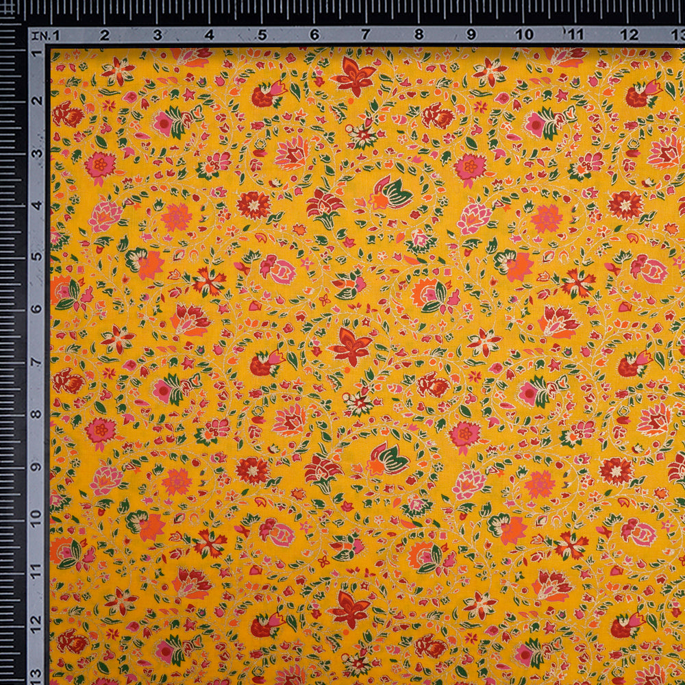 (Pre-Cut 3.00 Mtr)Honey Yellow Color Khari (Metallic) Screen Print Cotton Fabric