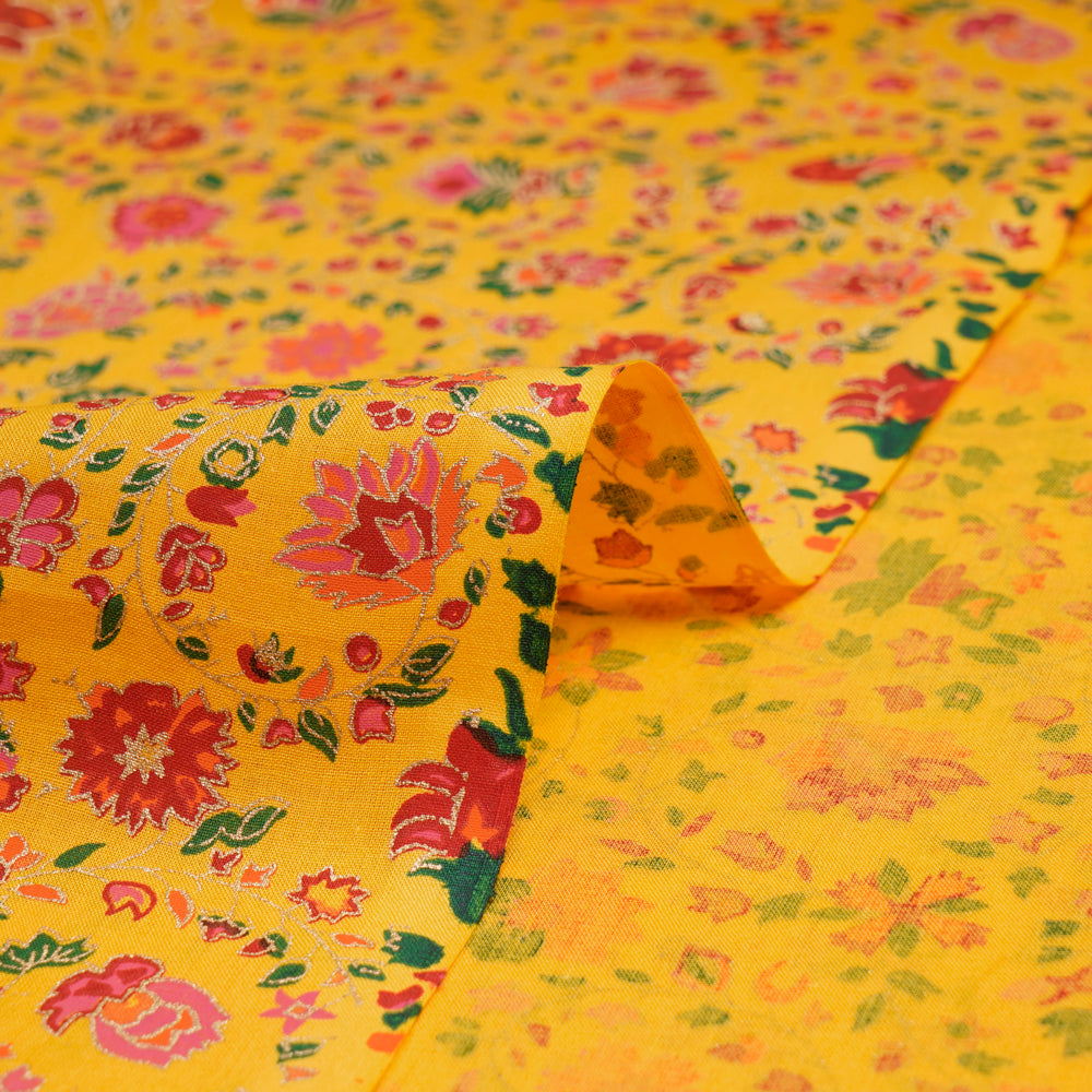 (Pre-Cut 3.00 Mtr)Honey Yellow Color Khari (Metallic) Screen Print Cotton Fabric