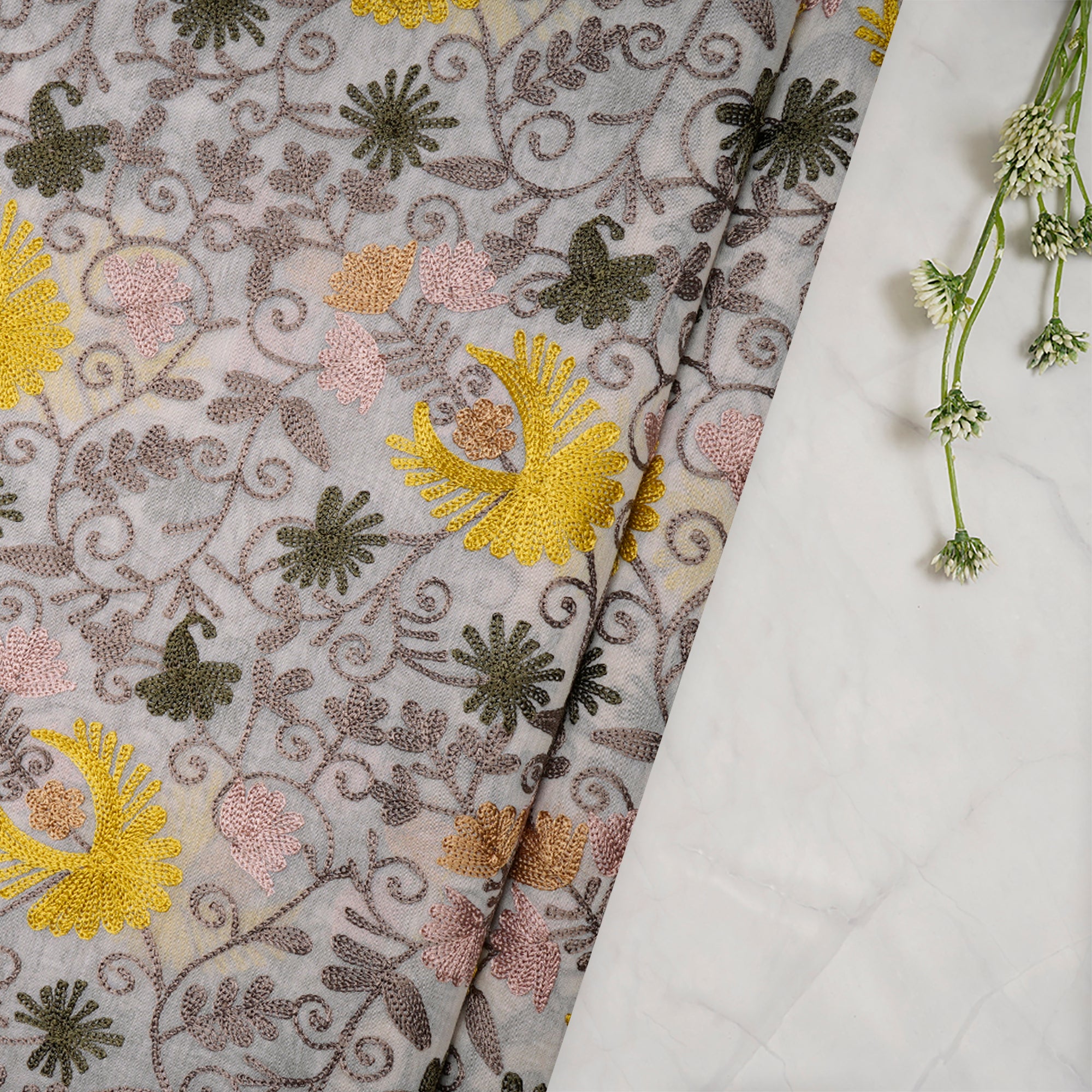 (Pre-Cut 2.50 Mtr)Multi Color Aari Embroidered Fine Chanderi Fabric