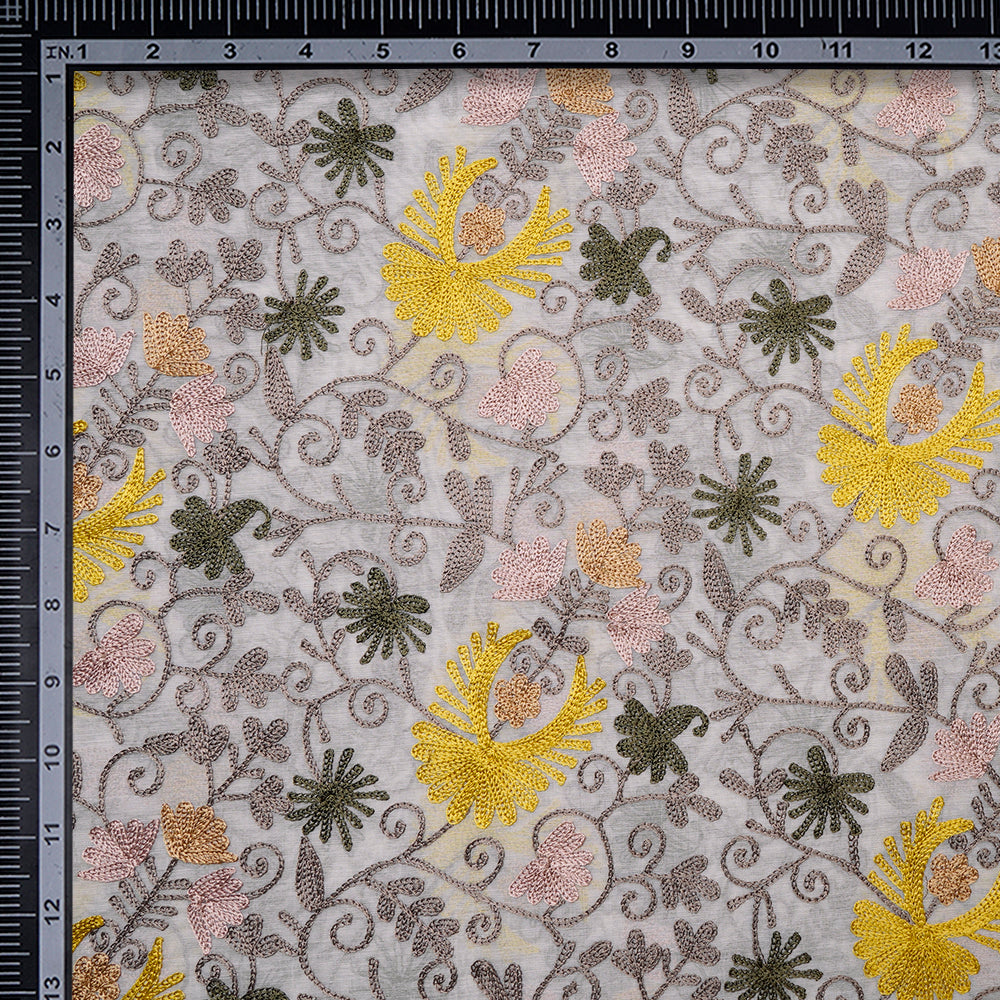 (Pre-Cut 2.50 Mtr)Multi Color Aari Embroidered Fine Chanderi Fabric