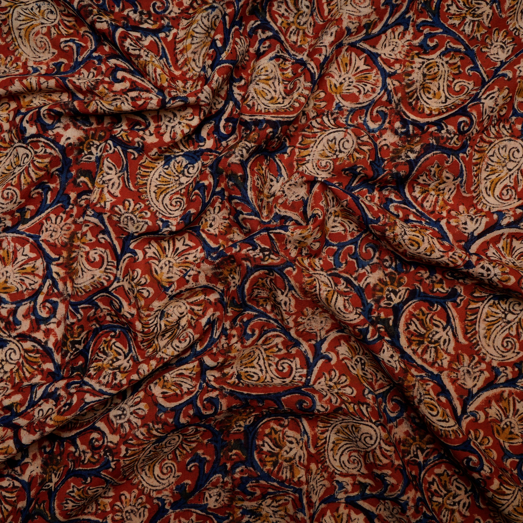 (Pre Cut 1 Mtr )Multi Abstract Pattern Hand Block Kalamkari Printed Cotton Fabric