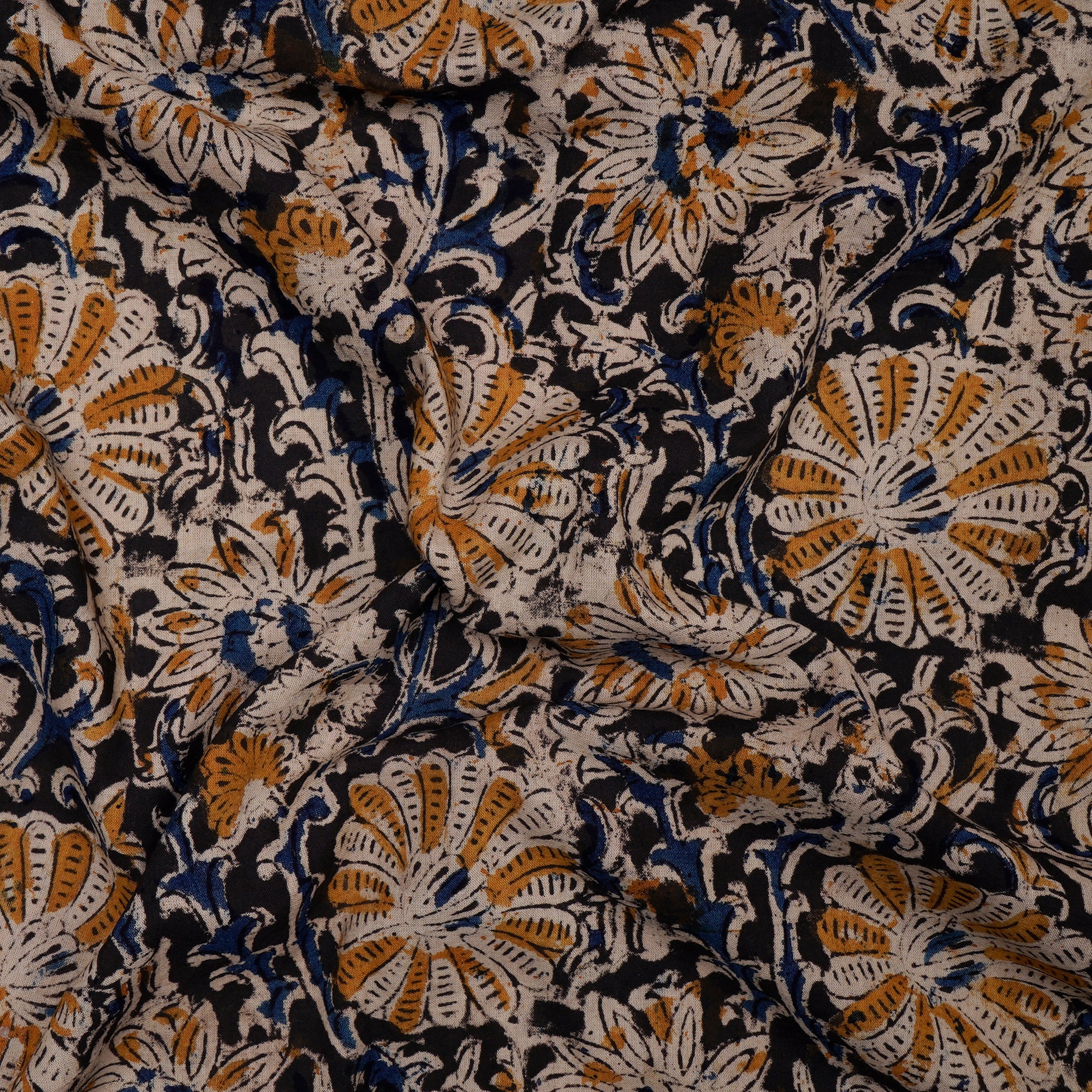 (Pre-Cut 1.00Mtr)Multi Floral Pattern Hand Block Kalamkari Printed Cotton Fabric