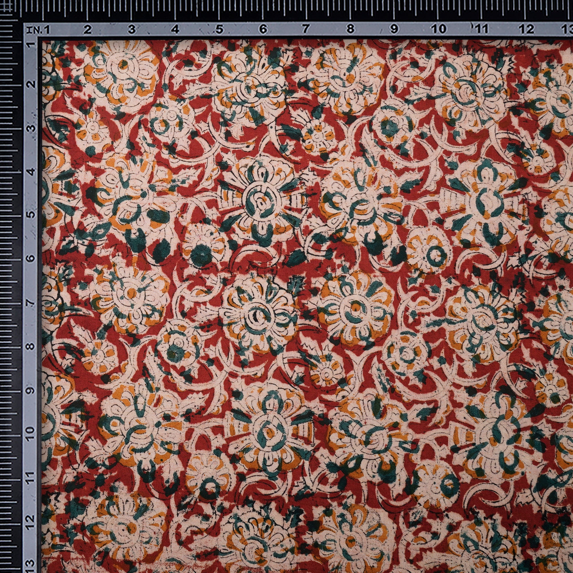 (Pre-Cut 1.00Mtr)Multi Color Floral Pattern Hand Block Kalamkari Printed Cotton Fabric