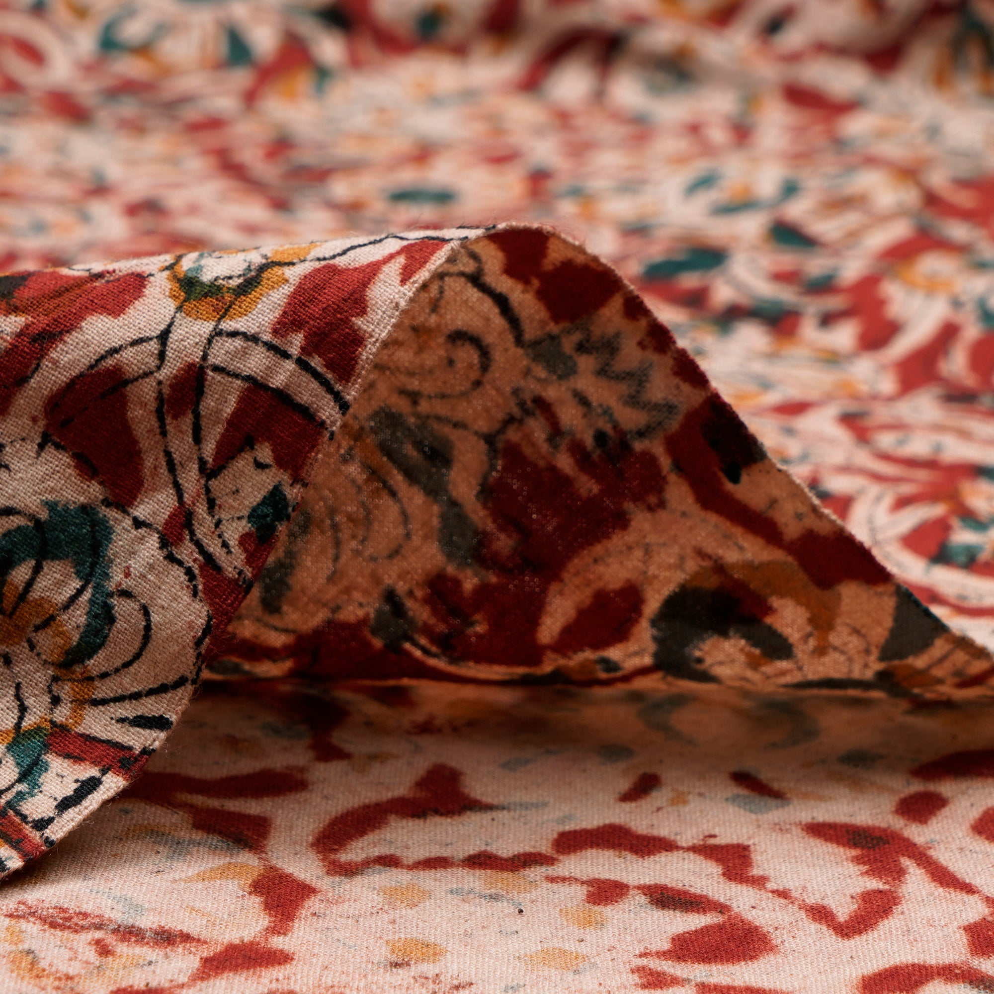 (Pre-Cut 1.00Mtr)Multi Color Floral Pattern Hand Block Kalamkari Printed Cotton Fabric
