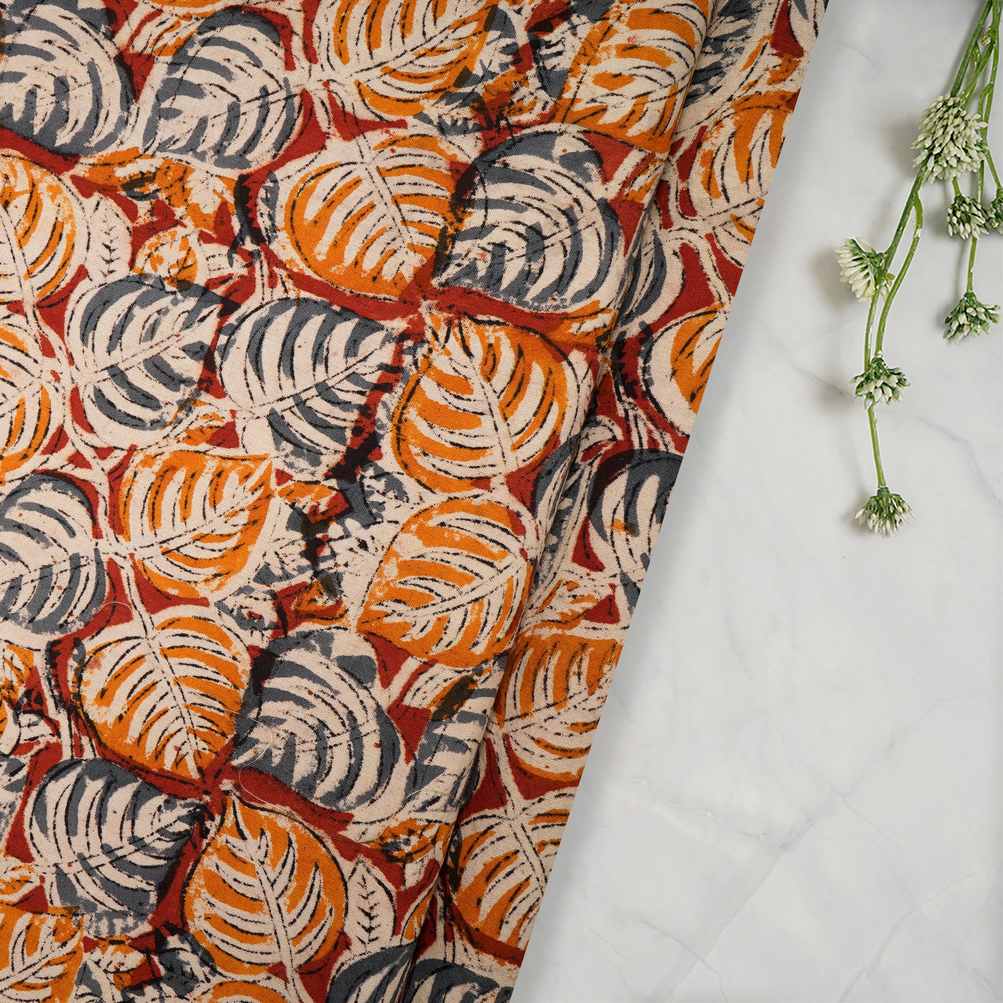 (Pre-Cut 1.00 Mtr)Multi Color Leaf Pattern Hand Block Kalamkari Printed Cotton Fabricprecuts&&2024