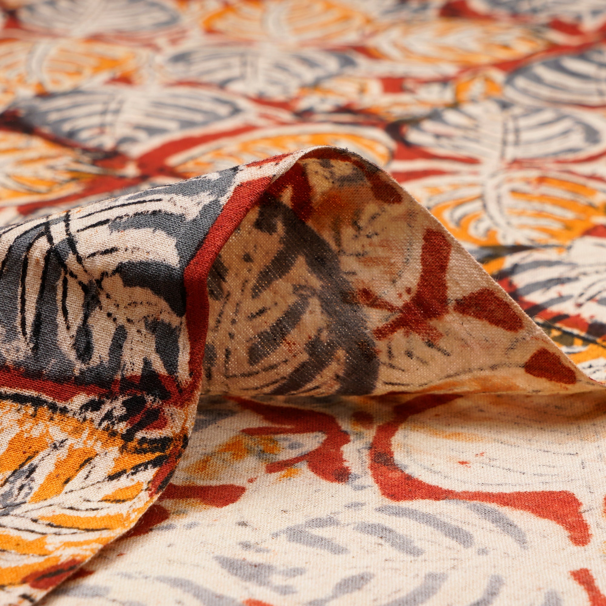 (Pre-Cut 1.00 Mtr)Multi Color Leaf Pattern Hand Block Kalamkari Printed Cotton Fabricprecuts&&2024